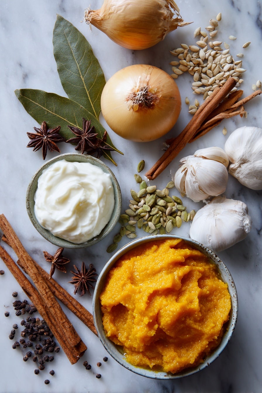 Flat lay of bright orange pumpkin puree in a bowl, whole yellow onion with golden skin, several garlic cloves with papery husks, dried bay leaves with deep green color, a small pile of ground ginger, cinnamon sticks arranged neatly, star anise pods, a heap of toasted pumpkin seeds, and a dollop of creamy white crème fraîche, all placed on a white marble surface, photo taken with an iphone --ar 2:3 --v 7 - Spiced Pumpkin Soup with Coconut Cream and Toasted Pumpkin Seeds, pumpkin soup recipe, cozy fall soup, vegetarian pumpkin soup, healthy pumpkin soup