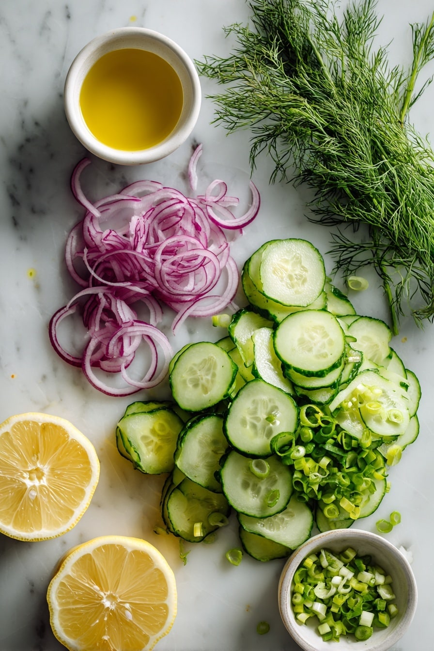 Flat lay of thinly sliced mini cucumbers, delicate rings of red onion, bright green sliced green onions, fresh roughly chopped dill sprigs, a small pile of lemon wedges, and a drizzle of golden olive oil artfully arranged together, placed on a white marble surface, photo taken with an iphone --ar 2:3 --v 7 - Crisp Cucumber Salad with Red Onion, Dill, and Lemon Dressing, refreshing cucumber salad, easy summer salad, healthy cucumber recipes, citrus dill salad