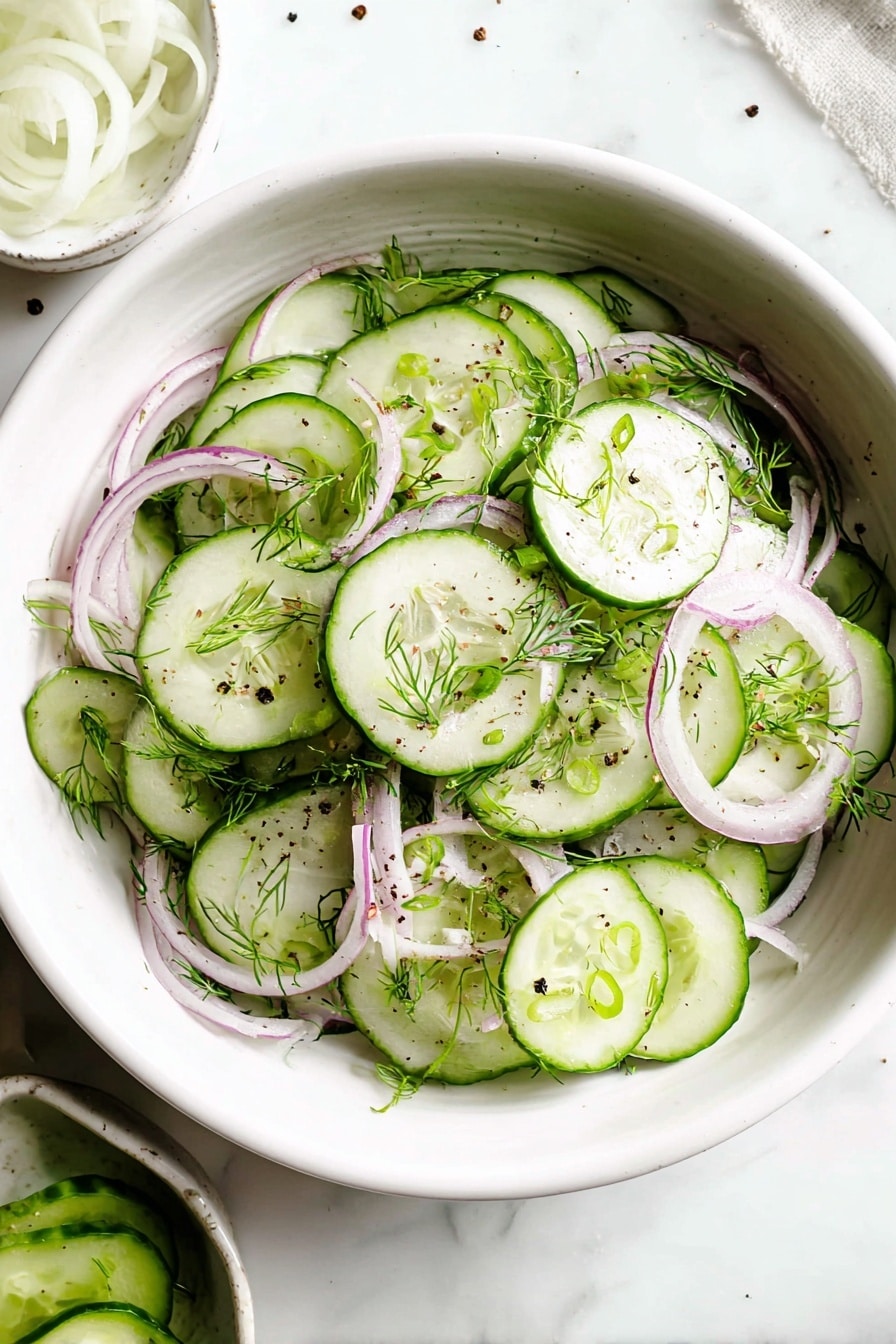 A white bowl holds a fresh cucumber salad with thin, round green cucumber slices layered at the bottom and throughout. Light purple, thinly sliced onion strips are mixed in, arranged loosely on top and between cucumber slices. Small green herb leaves and thin, bright green dill sprigs are scattered evenly over the salad, adding texture and color. Tiny bits of black pepper and small green onion pieces are sprinkled over all layers, giving a fresh and light appearance. The bowl sits on a white marbled surface with part of a cucumber and a small white bowl of sliced onions nearby. Photo taken with an iphone --ar 2:3 --v 7 - Crisp Cucumber Salad with Red Onion, Dill, and Lemon Dressing, refreshing cucumber salad, easy summer salad, healthy cucumber recipes, citrus dill salad