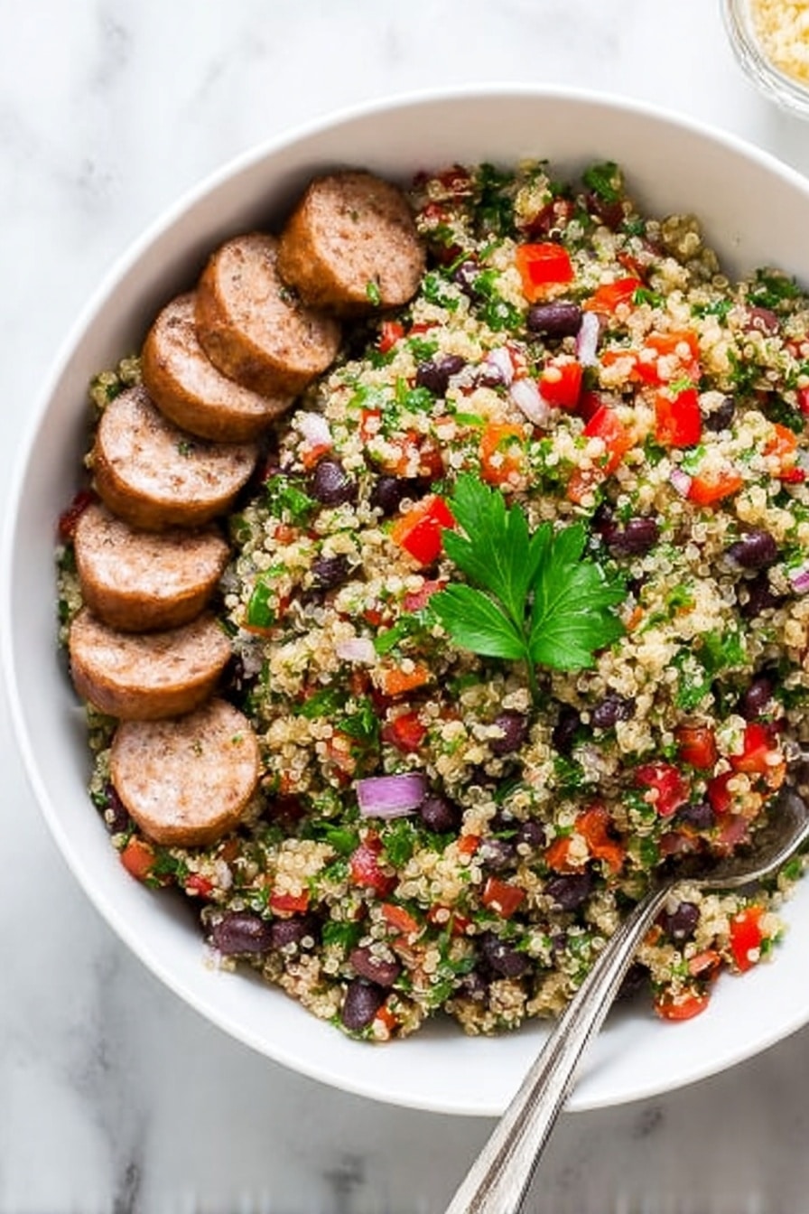 A white bowl filled mostly with a colorful quinoa salad made of small grain pieces mixed with finely chopped green herbs, red bell pepper bits, black beans, and small purple onion pieces. On the left side of the bowl, there are six slices of light brown sausage placed in a neat row. A silver spoon is partially visible at the bottom right edge of the bowl, resting on the white marbled surface. The salad is topped with two parsley leaves in the center. Photo taken with an iphone --ar 2:3 --v 7 - Easy Quinoa Salad with Sausages and Fresh Vegetables, healthy sausage quinoa salad, quick quinoa salad recipe, colorful vegetable quinoa salad, protein-packed quinoa salad