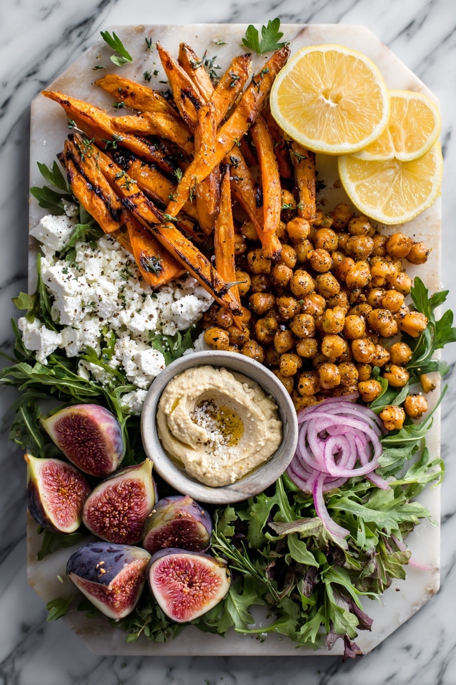 Flat lay of roasted sweet potato fries with a golden crispy texture, halved fresh figs showing their rich purple skin and bright pink interiors, a handful of seasoned chickpeas coated in Za’atar spices, vibrant mixed greens with different shades of green leaves, creamy white feta cheese crumbles, bright lemon halves, fresh chopped parsley sprigs, and a smooth dollop of tahini, all beautifully arranged on a white marble surface, photo taken with an iphone --ar 2:3 --v 7 - Fig Salad with Roasted Sweet Potatoes, Chickpeas, and Tahini Dressing, healthy fig salad, roasted sweet potato salad, vegan chickpea salad, tahini dressing recipes, nutritious veggie salads