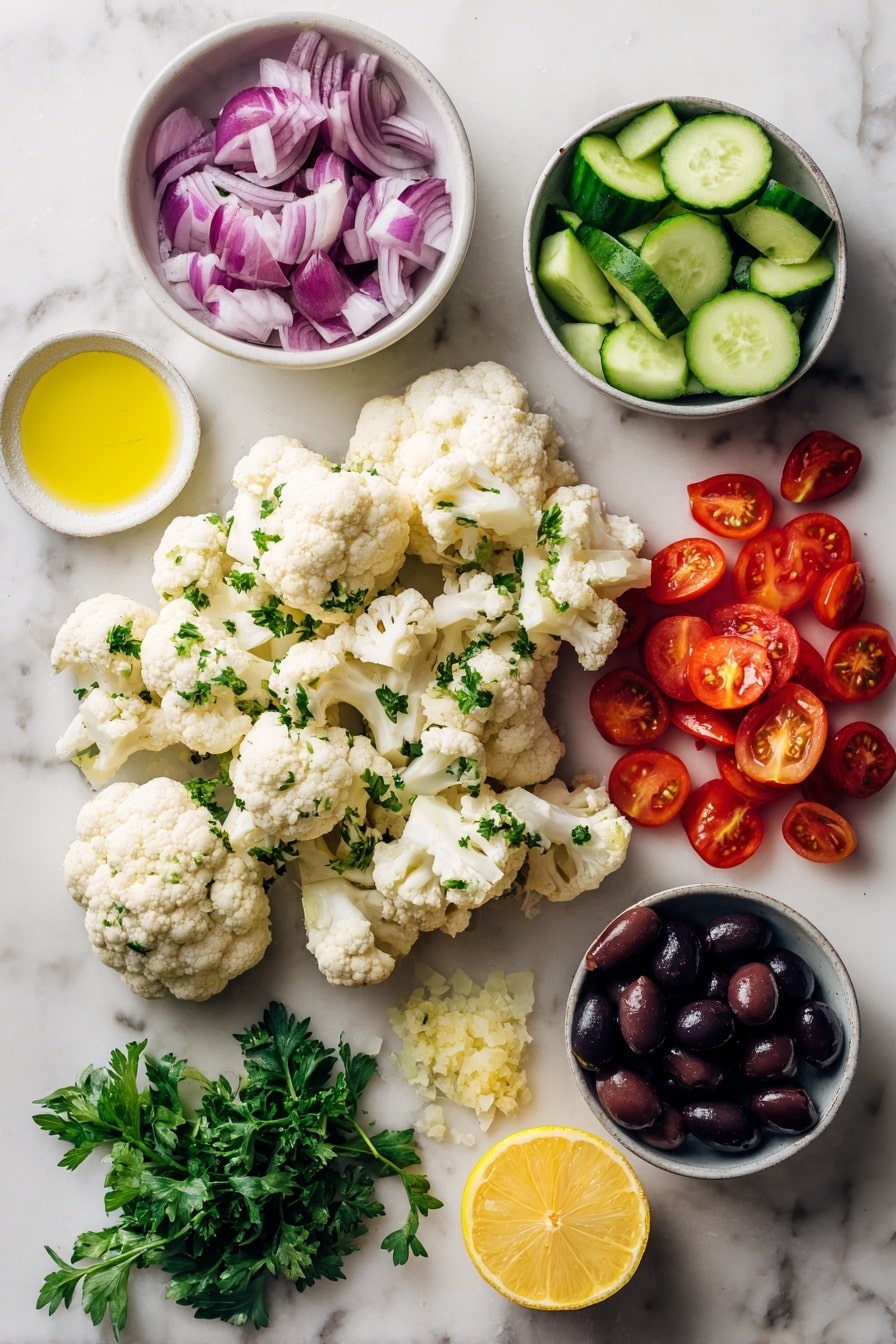Flat lay of fresh cauliflower florets, chopped red onion, diced cucumber, halved cherry tomatoes, black olives, bright green chopped parsley, a halved lemon, and a small pile of minced garlic, all beautifully arranged with a small pool of golden olive oil nearby, placed on a white marble surface, photo taken with an iphone --ar 2:3 --v 7 - Mediterranean Cauliflower Salad, healthy cauliflower salad, vegan cauliflower salad, quick veggie salad, low-carb cauliflower dish
