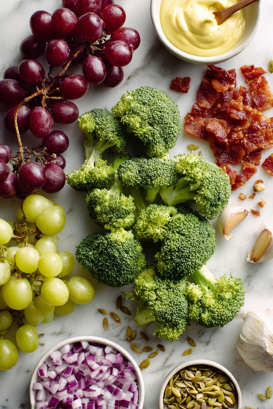 Flat lay of fresh bright green broccoli florets, small diced red onions with a vivid purple hue, quartered green and red grapes showing their juicy interiors, crispy cooked bacon pieces with a rich reddish-brown color, golden sunflower seeds scattered artfully, a small mound of creamy homemade mayo with a smooth texture, a spoonful of bright yellow mustard, and small garlic cloves placed on a white marble surface, photo taken with an iphone --ar 2:3 --v 7 - Broccoli Salad with Grapes and Bacon, crunchy broccoli salad, fruity bacon salad, homemade mayo dressing, healthy bacon salad