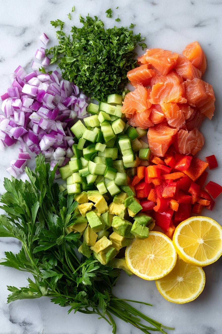 Flat lay of flaked pink salmon, bright green chopped cucumber, vibrant red bell peppers, finely diced purple red onions, creamy green avocado chunks, fresh crisp lettuce leaves, and sprigs of fresh parsley, with a small heap of lemon wedges to the side, placed on a white marble surface, photo taken with an iphone --ar 2:3 --v 7 - Chopped Salmon Salad, healthy salmon salad, quick salmon salad recipe, fresh seafood salad, easy salmon salad ideas