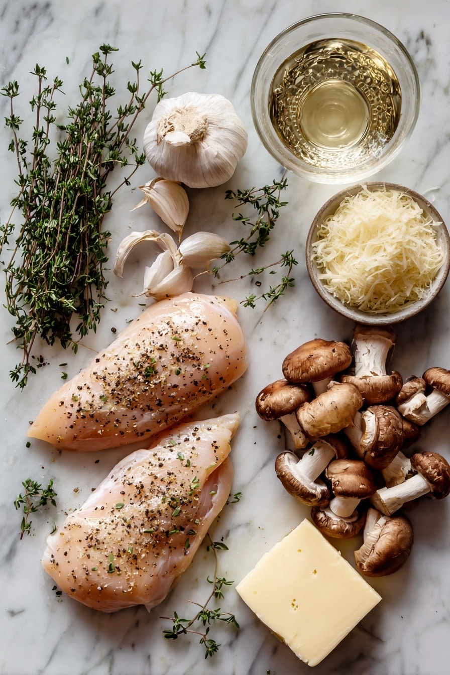Flat lay of two large boneless skinless chicken breasts seasoned with salt and pepper, a bunch of fresh thyme and parsley sprigs, a pile of sliced brown mushrooms, three peeled garlic cloves, a wedge of Parmesan cheese with some grated shavings, a small glass of dry white wine, and a pat of unsalted butter, all beautifully arranged on a white marble surface, photo taken with an iphone --ar 2:3 --v 7 - Creamy Mushroom Chicken, easy mushroom chicken recipe, healthy chicken dinner, restaurant-style chicken with mushrooms, quick creamy chicken