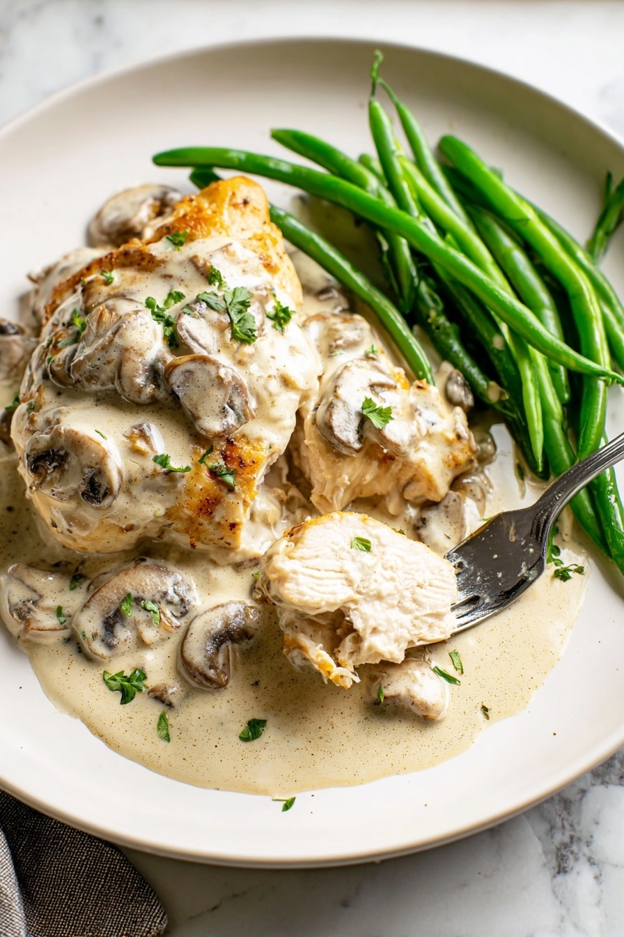 A white plate holds a dish with three layers: on the left side, golden-brown cooked chicken pieces topped with creamy light beige mushroom sauce that has visible sliced mushrooms and small green herbs scattered throughout; on the right side, a cluster of bright green, whole green beans lies neatly beside the chicken; a silver fork lifts a piece of the chicken coated in the creamy sauce, showing the tender white inside of the chicken; the plate rests on a white marbled surface, and the overall look is warm and inviting with a creamy texture contrasting the fresh green beans photo taken with an iphone --ar 2:3 --v 7 - Creamy Mushroom Chicken, easy mushroom chicken recipe, healthy chicken dinner, restaurant-style chicken with mushrooms, quick creamy chicken