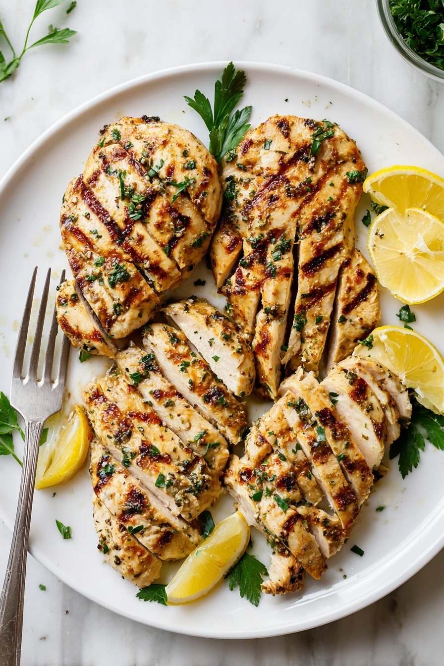 The image shows five golden brown grilled chicken pieces arranged in a scattered layer on a large white oval plate with a ribbed edge. The chicken has a slightly shiny texture with visible char marks and is sprinkled with small bits of green herbs. Several lemon wedges, pale yellow with visible juice and texture, are placed between and on the edges of the chicken pieces. The plate is set on a white marbled surface with a half lemon partially visible in the top left corner. photo taken with an iphone --ar 2:3 --v 7 - Yogurt Marinated Chicken Breast, tender chicken marinade, easy chicken dinner, healthy chicken recipes, juicy chicken breast