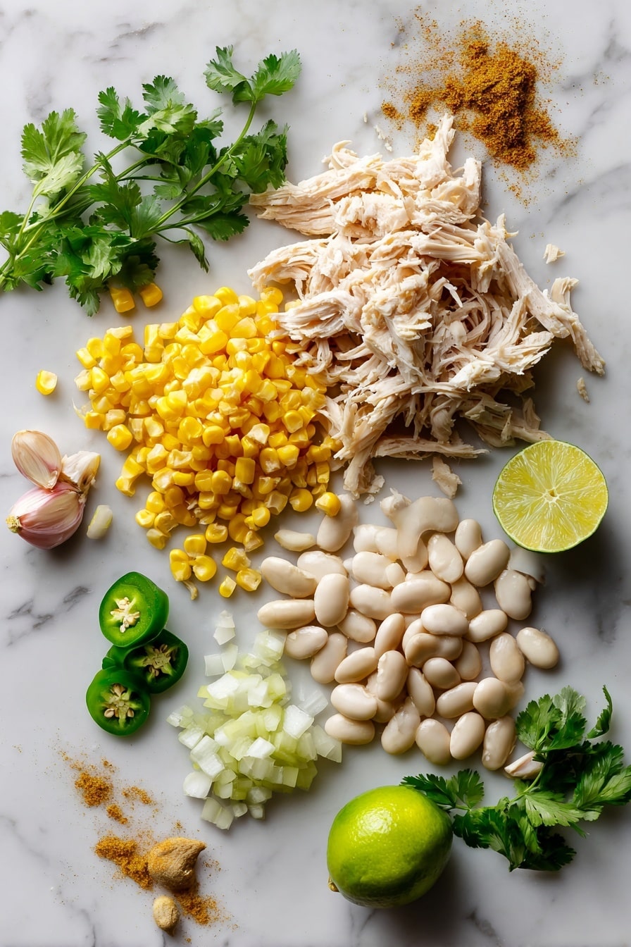 Flat lay of shredded rotisserie chicken, bright yellow corn kernels, diced green poblano peppers, finely chopped yellow onion, small minced jalapeño pepper, fresh lime wedges, sprigs of vibrant green cilantro, whole white beans, and peeled garlic cloves, all beautifully arranged with a splash of ground cumin and coriander powder scattered artistically, placed on a white marble surface, photo taken with an iphone --ar 2:3 --v 7 - White Chicken Chili, White Chicken Chili recipe, easy white chicken chili, creamy chicken chili, comforting white chili