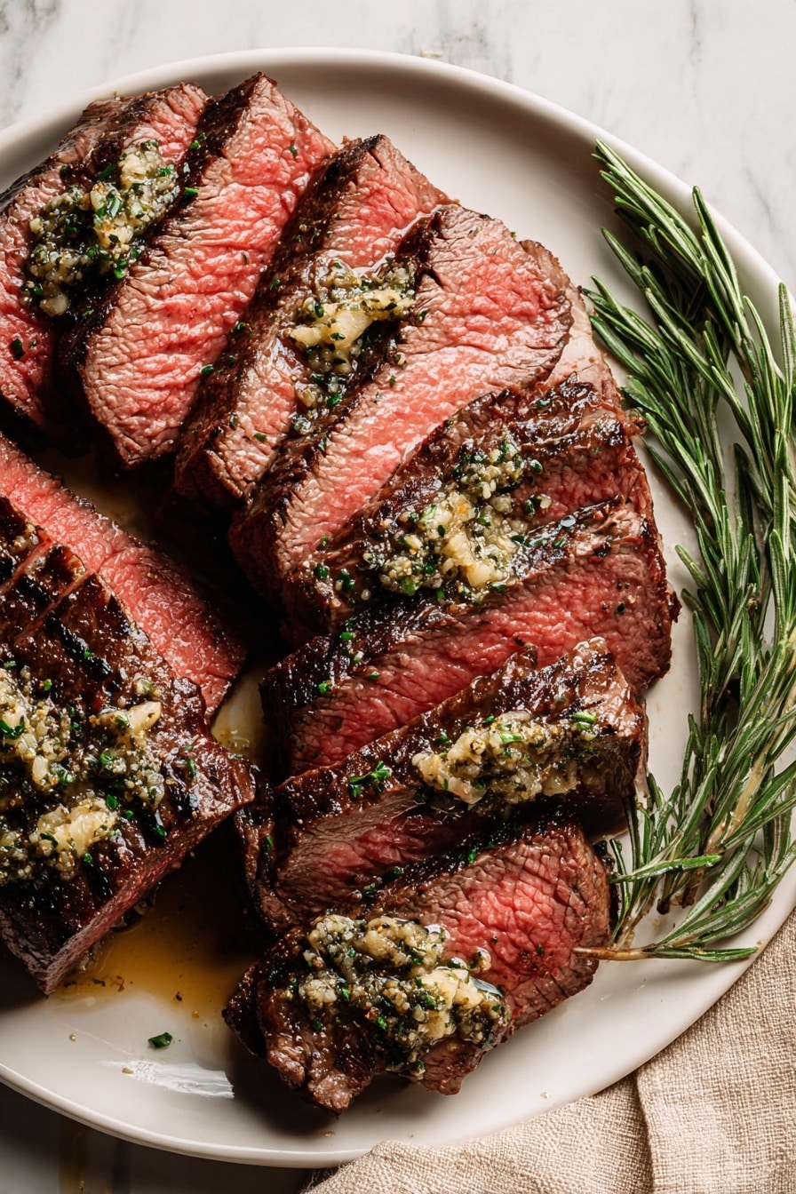 The image shows several thick slices of medium-rare steak arranged in a curved line on a white plate. Each slice has a dark brown, seared outside layer and a bright pink center, showing a juicy texture. The steaks are topped with a coarse sauce made of minced garlic and green herbs, with some melted butter visible on top. To the right of the plate are a few sprigs of fresh rosemary. The plate sits on a white marbled surface, with a beige cloth napkin folded nearby. Photo taken with an iphone --ar 2:3 --v 7 - Garlic Butter Beef Tenderloin, Beef Tenderloin Recipe, Easy Beef Tenderloin, Juicy Beef Roast, Elegant Dinner Ideas