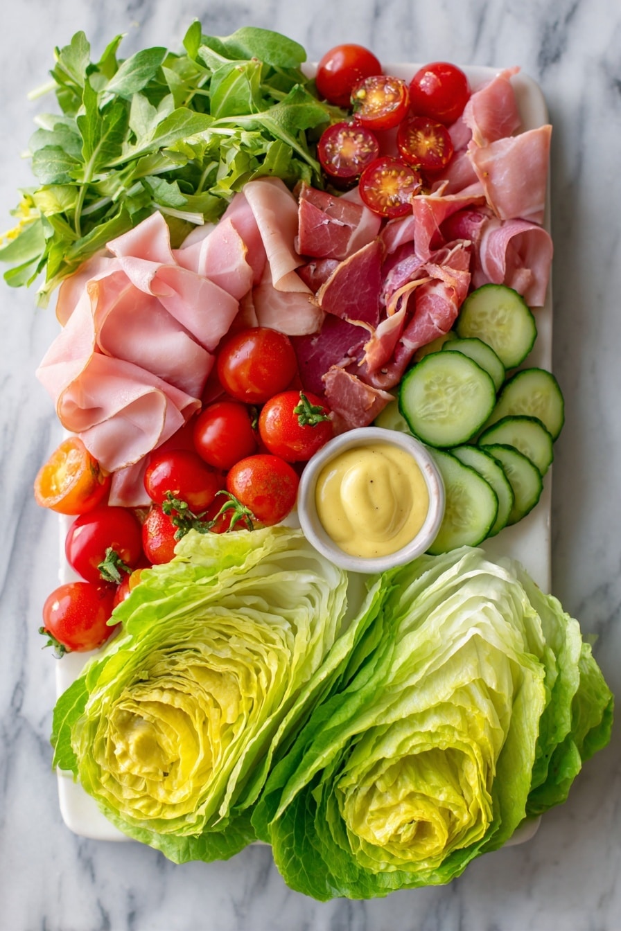 Flat lay of fresh iceberg lettuce leaves, thin slices of pink prosciutto, organic ham and chicken breast deli meat, bright green cucumber slices, vibrant red halved cherry tomatoes, a small dollop of creamy homemade mayo, and a drizzle of yellow mustard, all beautifully arranged in a neat and colorful composition, placed on a white marble surface, photo taken with an iphone --ar 2:3 --v 7 - Low-Carb Lettuce Wrap Sandwich, healthy lettuce wrap ideas, low-carb lunch recipes, keto-friendly sandwich alternatives, quick lettuce wraps