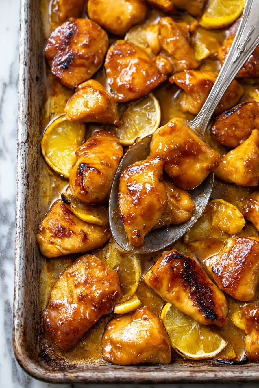 The image shows a silver baking tray filled with golden brown pieces of cooked chicken with a shiny glaze, accompanied by bright yellow lemon slices scattered around. The chicken pieces vary in shape and size, each piece showing a slight crisp on the edges with some char marks. A silver spoon is placed in the tray, scooping up a few pieces of the chicken and lemon. The tray sits on a white marbled surface, and the warm lighting highlights the glossy texture of the food. photo taken with an iphone --ar 2:3 --v 7 - Sheet Pan Chicken Pitas, Herby Ranch Slaw, easy chicken pitta recipe, healthy chicken pitas, flavorful sheet pan dinner