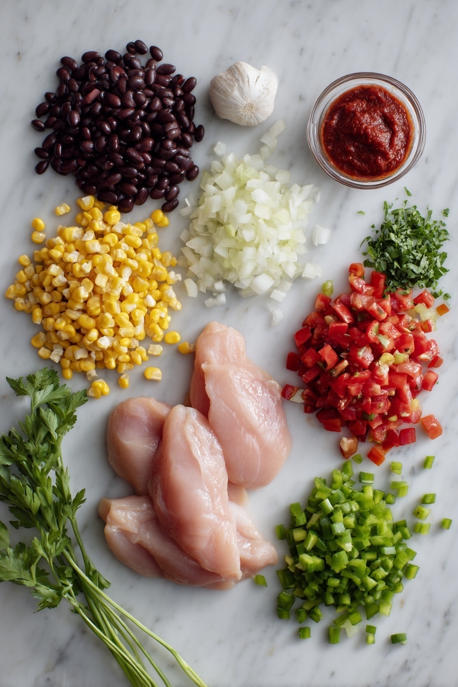 Flat lay of boneless skinless chicken breasts, chopped white onion, minced garlic, diced green bell pepper, frozen corn kernels, fire roasted diced tomatoes in a pile, rinsed black beans scattered, a small dollop of thick tomato paste, and fresh chopped green onions and parsley sprinkled delicately, placed on a white marble surface, photo taken with an iphone --ar 2:3 --v 7 - Instant Pot Southwest Chicken Soup, Southwest Chicken Soup recipe, quick chicken soup, easy Instant Pot recipes, hearty chicken soup