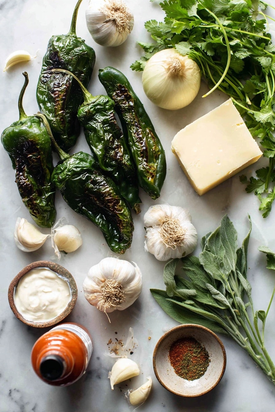 Flat lay of roasted poblano peppers with charred skin, a halved white onion, peeled garlic cloves, a small slab of creamy butter, fresh sprigs of Mexican oregano, a sprinkle of ground cumin, a dollop of Mexican Crema, bright green cilantro stems, and a small bottle of red hot sauce, all beautifully arranged with natural light highlighting their colors and textures, placed on a white marble surface, photo taken with an iphone --ar 2:3 --v 7 - Roasted Poblano Soup with Crema and Hot Sauce, smoky poblano soup, spicy roasted pepper soup, creamy poblano soup recipe, easy mexican pepper soup