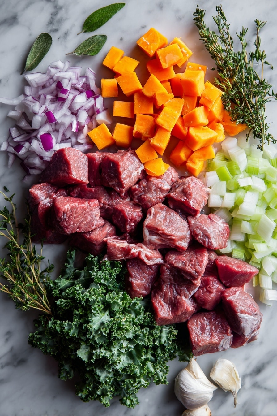 Flat lay of tender cubes of raw beef stew meat, bright orange diced sweet potatoes, fresh deep green chopped kale, vibrant red chopped onions, pale green celery pieces, plump diced tomatoes with juice, sprigs of fresh thyme, and a few bay leaves, all beautifully arranged with fresh garlic cloves scattered around, placed on a white marble surface, photo taken with an iphone --ar 2:3 --v 7 - Instant Pot Sweet Potato Kale Beef Soup, healthy beef soup with sweet potatoes and kale, easy Instant Pot beef soup recipe, hearty vegetable beef soup, quick nutritious beef stew