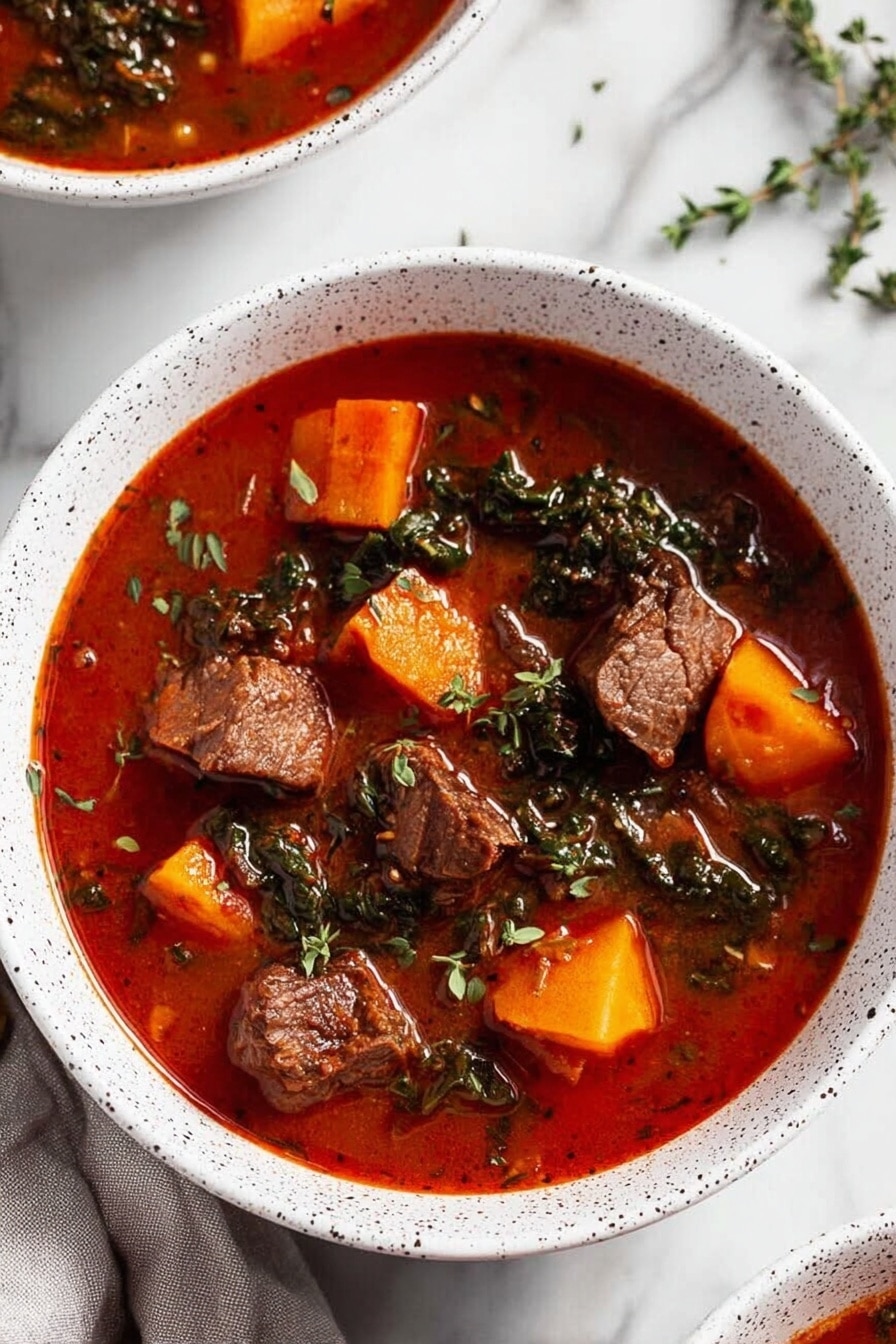 The image shows a metallic pot with black edges filled with a red soup, containing visible pieces of green kale, light orange chunks of vegetables, and small bits of tomato, all mixed in a clear broth. The pot is on a white marbled surface, and in the top left corner, a white bowl holds fresh green herbs on the same surface. There is also a light gray cloth partially visible under the pot on the left side. Photo taken with an iphone --ar 2:3 --v 7 - Instant Pot Sweet Potato Kale Beef Soup, healthy beef soup with sweet potatoes and kale, easy Instant Pot beef soup recipe, hearty vegetable beef soup, quick nutritious beef stew