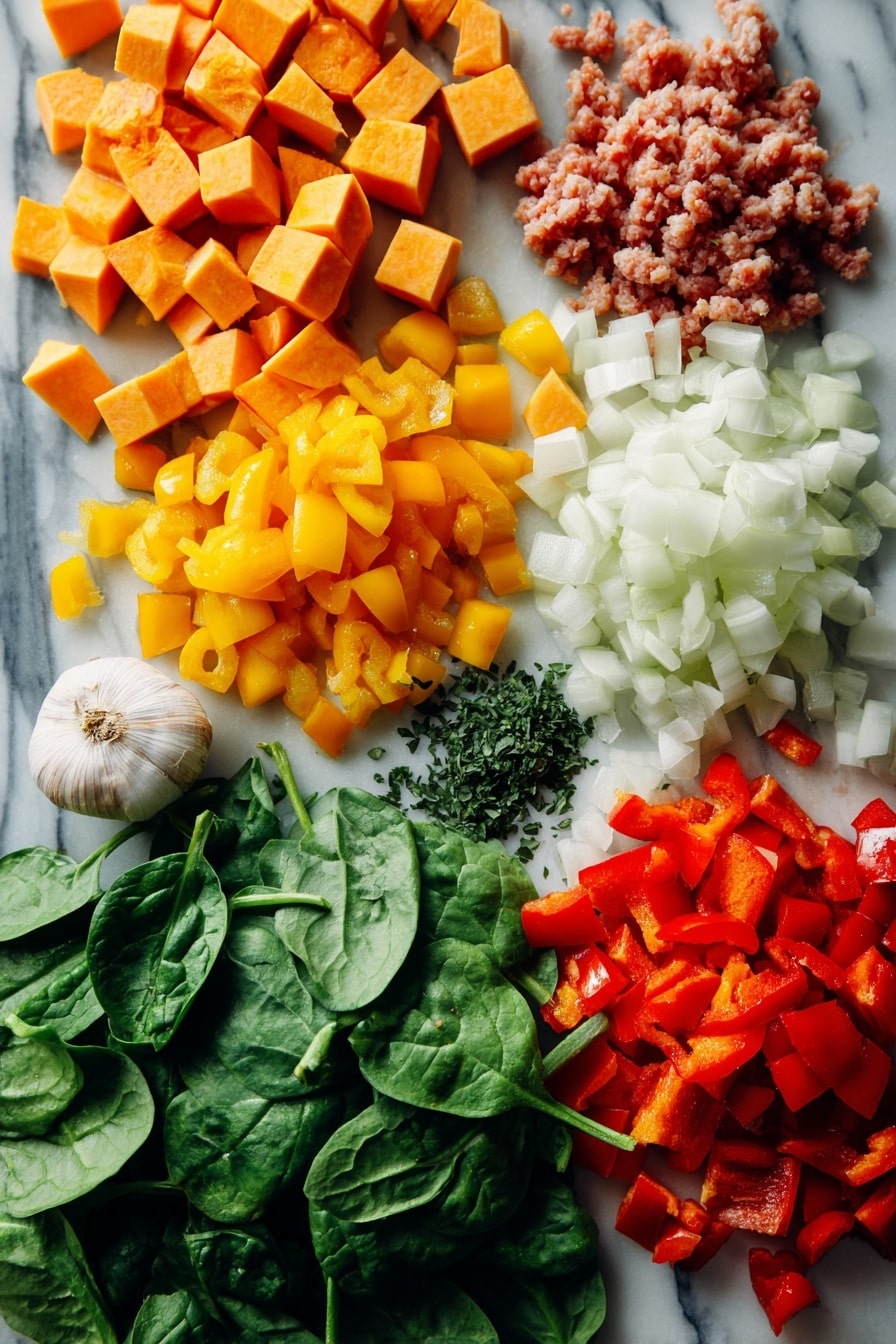 Flat lay of diced sweet potatoes, fresh vibrant spinach leaves, chopped yellow onions, bright red diced bell peppers, crisp celery pieces, raw extra-lean ground turkey, whole garlic cloves, and a small pile of dried parsley, all beautifully arranged with natural light highlighting their colors and textures, placed on a white marble surface, photo taken with an iphone --ar 2:3 --v 7 - Spinach and Sweet Potato Turkey Soup, healthy turkey soup with spinach and sweet potatoes, quick nutritious turkey vegetable soup, hearty turkey and veggie soup, easy wholesome turkey soup