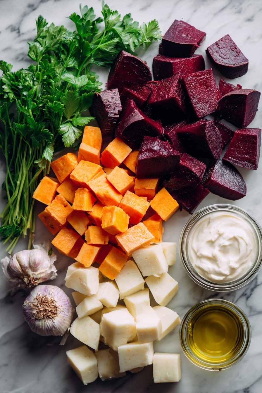 Flat lay of peeled and chopped deep red beets, bright orange sweet potatoes cut into cubes, pale cream-colored parsnips sliced, a small bunch of fresh green parsley with delicate leaves, whole cloves of garlic with papery skins, roughly chopped translucent onions, a dollop of creamy white yogurt, and a small glass jar of golden extra-virgin olive oil, all beautifully arranged on a white marble surface, photo taken with an iphone --ar 2:3 --v 7 - Creamy Beet, Sweet Potato, and Parsnip Soup, healthy beet and root vegetable soup, vegan root vegetable soup, easy and nutritious vegetable soup, vibrant colorful soup