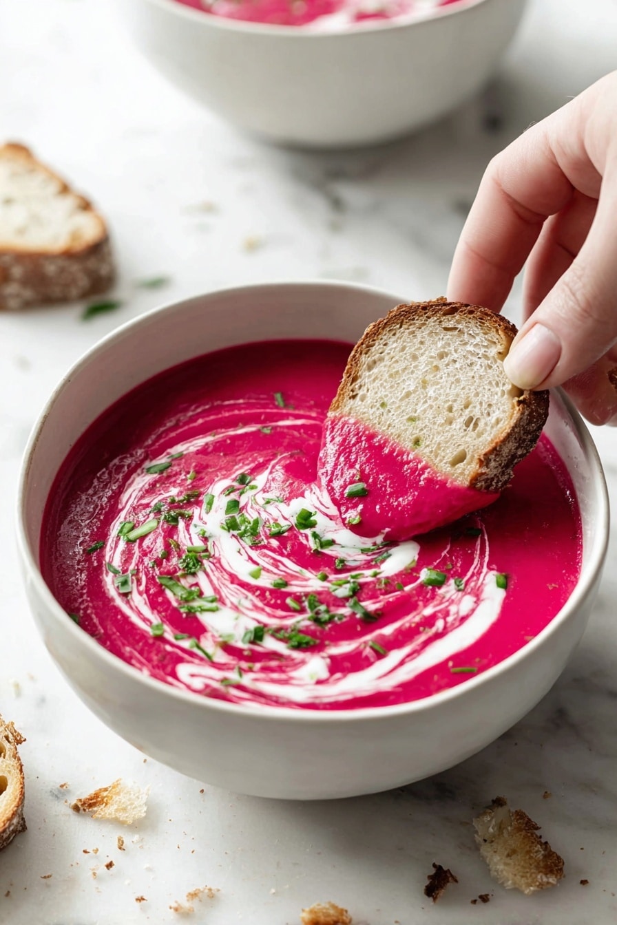 A white bowl filled with bright pink creamy soup swirled with white cream and sprinkled with small green herb pieces, with a woman's hand dipping a piece of brown crusty bread into the soup, sitting on a white marbled surface with some crumbs scattered around and a blurred white bowl in the background, photo taken with an iphone --ar 2:3 --v 7 - Creamy Beet, Sweet Potato, and Parsnip Soup, healthy beet and root vegetable soup, vegan root vegetable soup, easy and nutritious vegetable soup, vibrant colorful soup