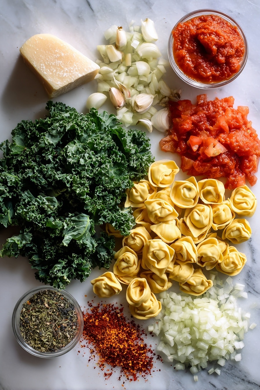 Flat lay of fresh chopped kale leaves, colorful three cheese tortellini, bright red tomato paste dollops, ripe crushed tomatoes with seeds visible, a small pile of diced onions, cloves of peeled garlic, a sprinkle of Italian seasoning herbs, vibrant red paprika powder, and a small heap of crushed red pepper flakes beautifully arranged with a wedge of grated Parmesan cheese, all placed on a white marble surface, photo taken with an iphone --ar 2:3 --v 7 - Kale Tortellini Soup, kale tortellini soup recipe, hearty vegetable tortellini soup, quick kale tortellini dish, comforting pasta and greens soup