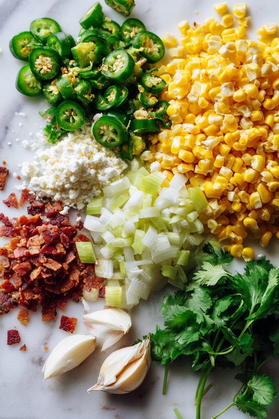 Flat lay of fresh bright yellow corn kernels, chopped white onion, vibrant green jalapeno peppers both minced and sliced, fresh green cilantro leaves, crumbled smoky bacon pieces, creamy white crumbled cotija cheese, and scattered garlic cloves, all beautifully arranged in a natural, colorful composition placed on a white marble surface, photo taken with an iphone --ar 2:3 --v 7 - Mexican Street Corn Soup, Mexican Street Corn Soup recipe, creamy Mexican corn soup, spicy Mexican corn chowder, easy Mexican street corn soup