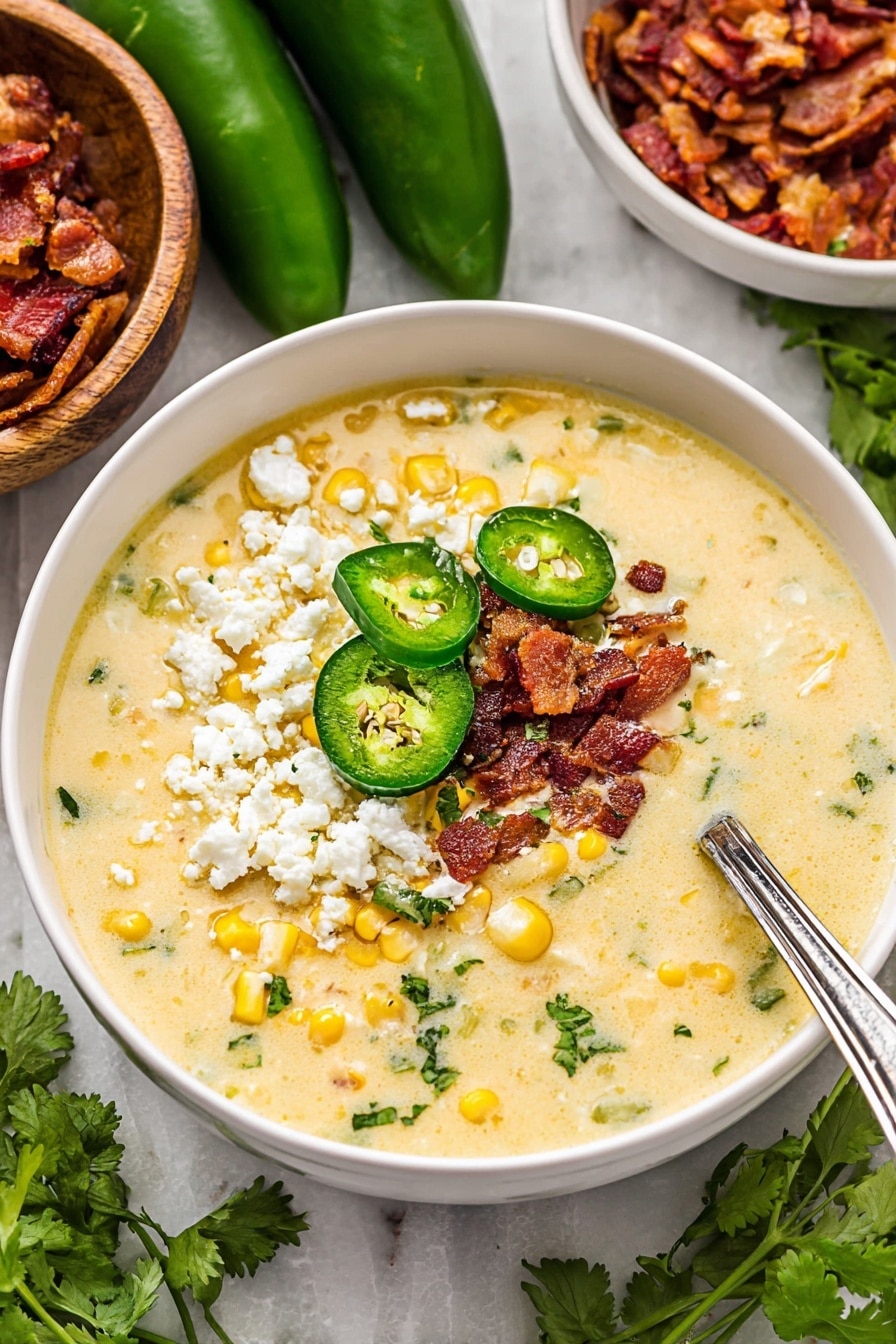 A white bowl filled with creamy yellow soup that has visible small pieces of corn and green herbs mixed in. On top of the soup, there are three main toppings: crumbled white cheese on one side, crispy brown bacon bits in the middle, and thin slices of fresh green jalapeño peppers placed next to the bacon. A silver spoon is resting inside the bowl on the right side. The bowl sits on a white marbled surface, surrounded by fresh jalapeños, a bowl of more crispy bacon bits in the background, and fresh green cilantro. Photo taken with an iphone --ar 2:3 --v 7 - Mexican Street Corn Soup, Mexican Street Corn Soup recipe, creamy Mexican corn soup, spicy Mexican corn chowder, easy Mexican street corn soup
