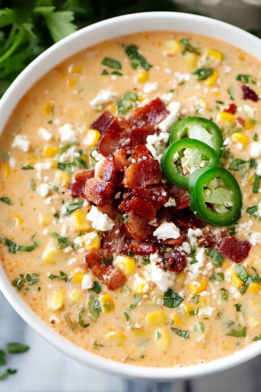 A white bowl holds a creamy soup filled with small yellow corn pieces and bits of green herbs spread throughout the light orange broth. On top, there is a cluster of crispy chopped bacon with a deep reddish-brown color. Thin green slices of jalapeño pepper rest next to the bacon, showing their seeds. Crumbled white cheese is sprinkled over the bacon and jalapeños, creating a contrast in color and texture. The bowl is placed on a white marbled surface with some green herbs visible in the background. The photo taken with an iphone --ar 2:3 --v 7 - Mexican Street Corn Soup, Mexican Street Corn Soup recipe, creamy Mexican corn soup, spicy Mexican corn chowder, easy Mexican street corn soup