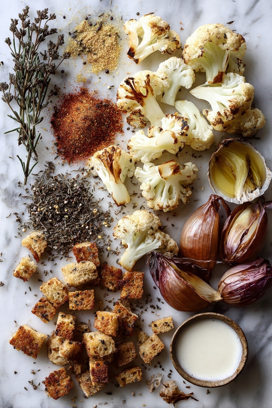 Flat lay of roasted cauliflower florets with golden edges, whole garlic cloves, quartered shallots, sprigs of dried oregano, vibrant smoked paprika powder, ground cumin, a small pool of creamy heavy cream, and rustic croutons sprinkled with za’atar seasoning, all beautifully arranged on a white marble surface, photo taken with an iphone --ar 2:3 --v 7 - Roasted Cauliflower Soup with Za’atar and Crispy Croutons, cauliflower soup with za’atar, roasted cauliflower soup, healthy cauliflower recipes, flavorful cauliflower soup