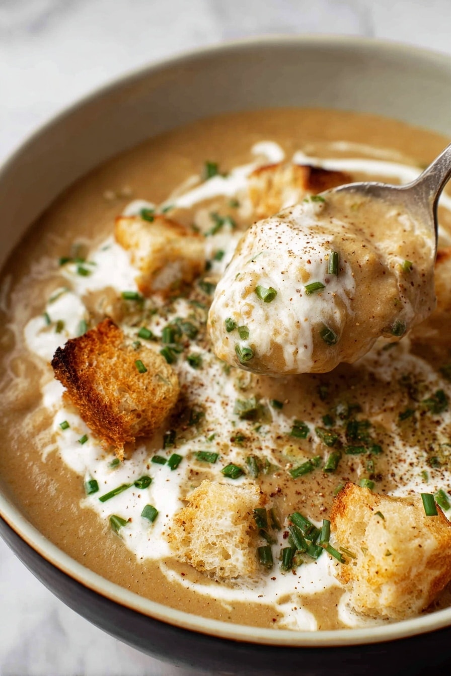 A close-up of a thick creamy soup in a white bowl with a dark outer edge, placed on a white marbled surface. The soup has a light brown color and is topped with white cream swirled across the surface. There are golden brown croutons scattered on top, some partially submerged in the soup. Bright green chopped chives are sprinkled over the soup and cream. A spoon is dipping into the soup, lifting a thick scoop that shows the creamy texture mixed with bits of crouton and herbs. photo taken with an iphone --ar 2:3 --v 7 - Roasted Cauliflower Soup with Za’atar and Crispy Croutons, cauliflower soup with za’atar, roasted cauliflower soup, healthy cauliflower recipes, flavorful cauliflower soup