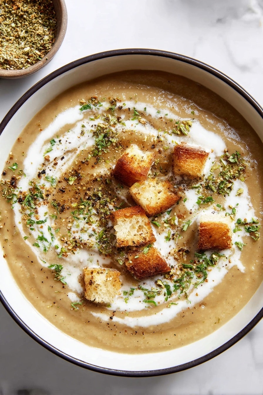 The image shows a bowl filled with thick beige soup topped with small golden-brown toasted bread cubes. On top of the soup and bread, there is a swirl of white cream, sprinkled with green chopped herbs and a fine mix of ground spices that add texture and color contrast. The bowl is white with a dark rim, placed on a white marbled surface. In the top left corner, a partial view of a small bowl filled with greenish spice mix is visible. photo taken with an iphone --ar 2:3 --v 7 - Roasted Cauliflower Soup with Za’atar and Crispy Croutons, cauliflower soup with za’atar, roasted cauliflower soup, healthy cauliflower recipes, flavorful cauliflower soup