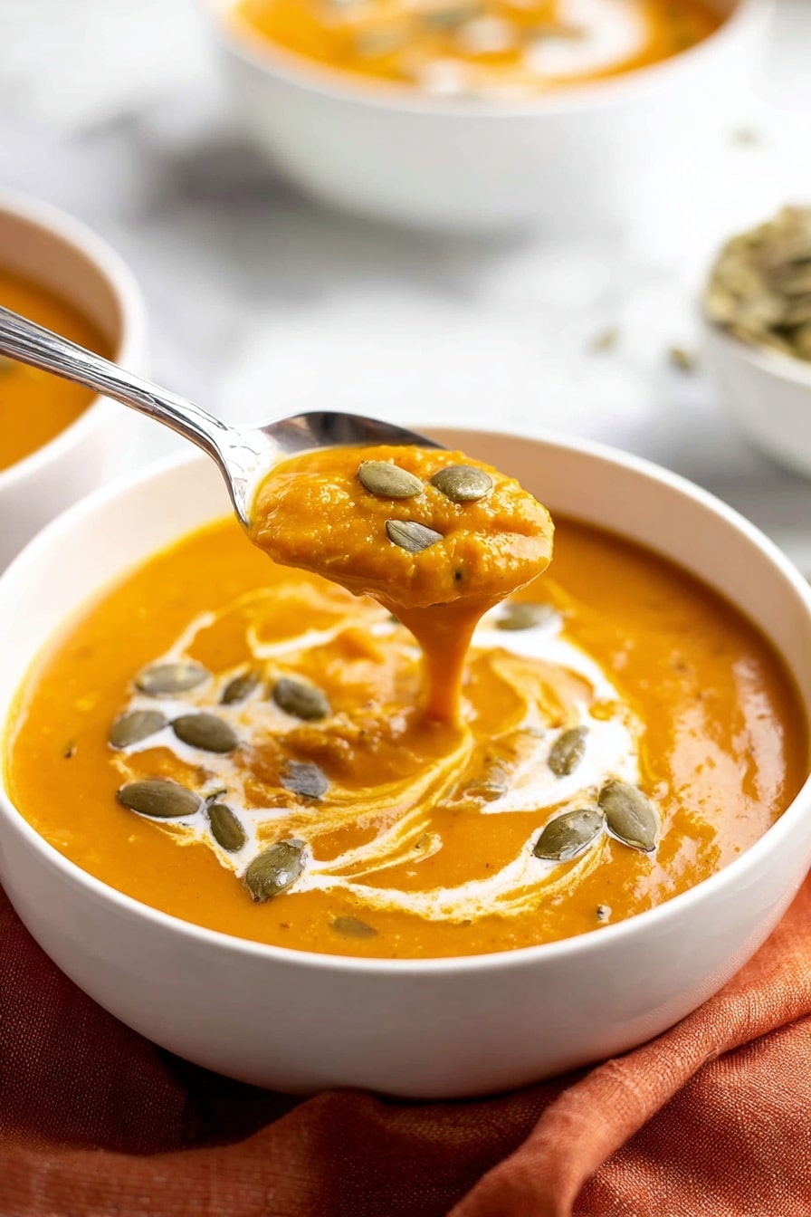 A white bowl filled with thick, orange pumpkin soup topped with a swirl of white cream and scattered green pumpkin seeds. The soup has a smooth texture with some small chunks, and a silver spoon lifts a spoonful showing the creamy texture mixed with seeds and cream. The bowl is placed on a folded burnt orange cloth on a white marbled surface, with more white bowls blurred in the background containing similar soup and seeds. Photo taken with an iphone --ar 2:3 --v 7 - Spiced Pumpkin Soup with Coconut Cream and Toasted Pumpkin Seeds, pumpkin soup recipe, cozy fall soup, vegetarian pumpkin soup, healthy pumpkin soup