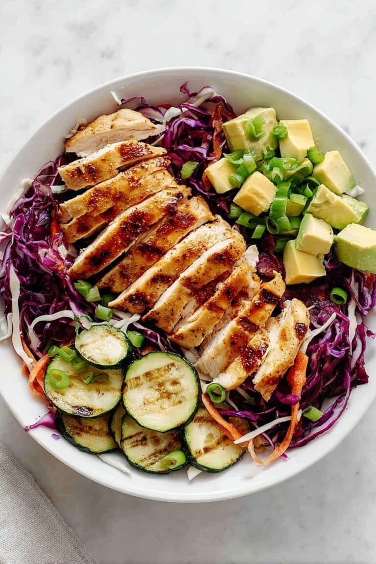 Grilled Chicken and Colorful Cabbage Salad with Zucchini and Lemon Dressing Recipe