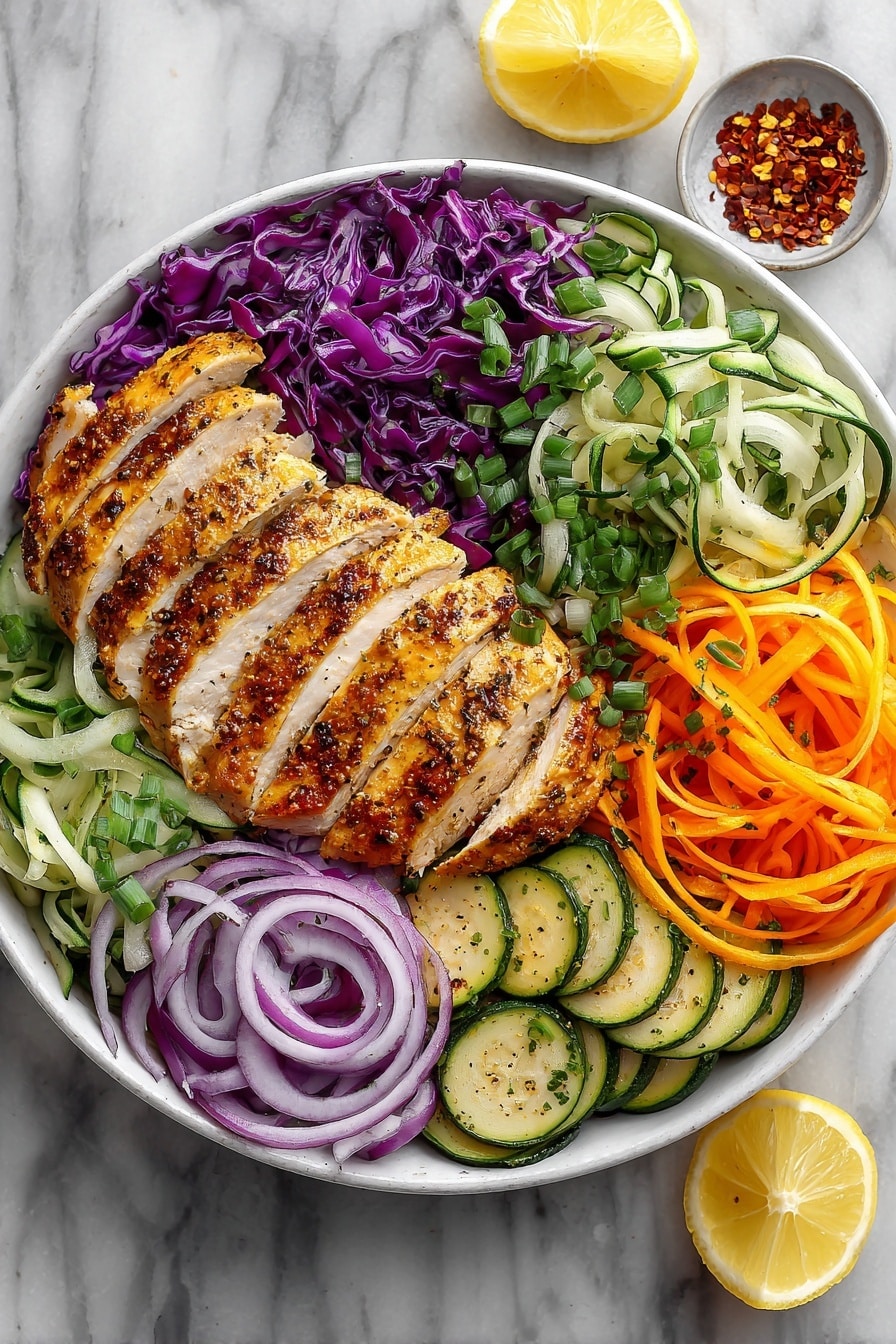 In a white shallow bowl, there is a colorful dish with four main layers. The bottom layer is thin strips of red and white cabbage spread evenly to cover the plate. On top of that, there are chunks of diced avocado mixed with small pieces of green onions and finely chopped red onion, placed mostly in the center-right area. Around the avocado, there is a layer of grilled zucchini slices that are golden with charred edges, arranged in the middle of the bowl. The top layer consists of four sections of sliced, browned grilled chicken with a slight glaze, positioned around the zucchini and avocado, two on the left and two on the right. The dish has a bit of a sprinkle of chopped green onions on top, all placed on a white marbled surface. photo taken with an iphone --ar 2:3 --v 7 - Grilled Chicken and Colorful Cabbage Salad with Zucchini and Lemon Dressing, healthy chicken salad, vibrant veggie salad, quick summer chicken salad, easy grilled chicken recipes