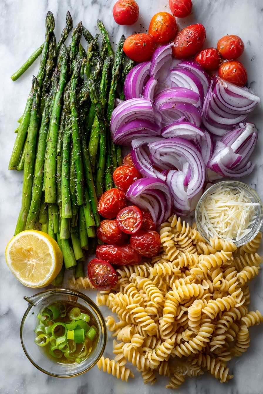 Flat lay of bright green roasted asparagus spears cut diagonally, vibrant red cherry tomato halves, thinly sliced purple-red red onions, fresh green onion slices, golden twisted gluten-free fusilli pasta, and small piles of shredded pale yellow Parmesan cheese, all beautifully arranged with a small lemon wedge and a drizzle of glossy olive oil, placed on a white marble surface, photo taken with an iphone --ar 2:3 --v 7 - Asparagus Pasta Salad with Lemon-Dijon Dressing, spring pasta salad, healthy veggie pasta, lemon-dijon salad, easy vegetable pasta
