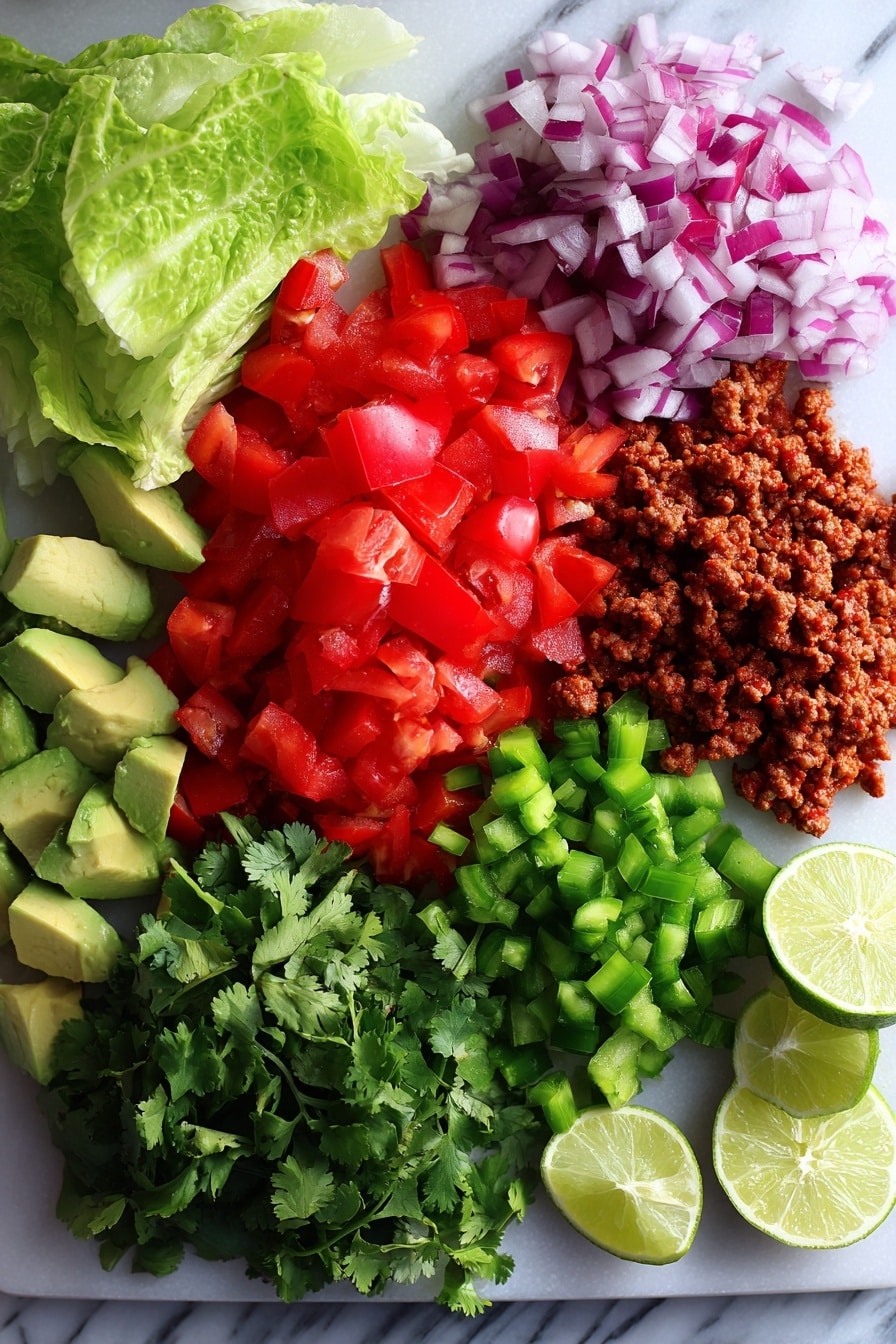 Flat lay of fresh diced tomatoes, chopped red onion, green bell pepper pieces, sliced avocado, bright lime wedges, vibrant chopped cilantro, crisp romaine lettuce leaves, and cooked seasoned ground beef with visible spices, all beautifully arranged on a white marble surface, photo taken with an iphone --ar 2:3 --v 7 - Taco Salad with Spiced Ground Beef, Fresh Salsa, and Avocado, easy taco salad, healthy taco salad recipe, quick dinner salads, flavorful beef taco salad, Mexican-inspired salads