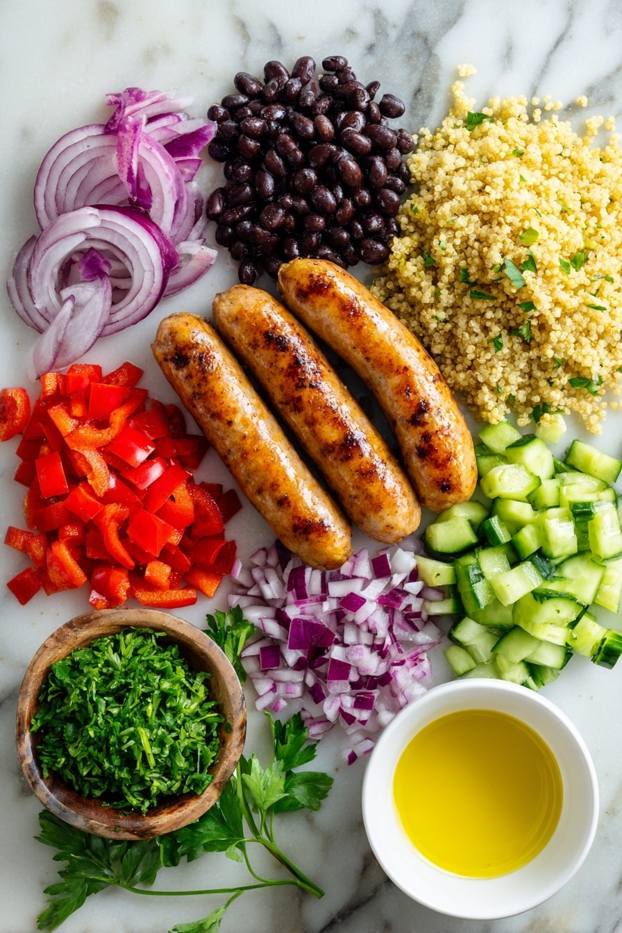 Flat lay of four Italian sausages with golden-brown skin, a heap of fluffy cooked quinoa, glossy black beans, vibrant chopped red bell pepper, crisp cucumber cubes, finely chopped red onions, and fresh green parsley sprigs, all arranged in an inviting pattern with a small pool of bright yellow lemon juice and a drizzle of golden olive oil nearby, placed on a white marble surface, photo taken with an iphone --ar 2:3 --v 7 - Easy Quinoa Salad with Sausages and Fresh Vegetables, healthy sausage quinoa salad, quick quinoa salad recipe, colorful vegetable quinoa salad, protein-packed quinoa salad