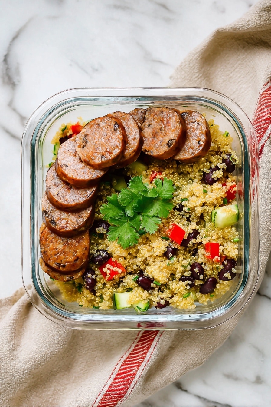 A clear glass square container sits on a white marbled surface, holding a dish made of two main parts. On the right side, there is a bed of fluffy light yellow quinoa mixed with small pieces of red bell pepper, cucumber, and black beans, topped with a few fresh green parsley leaves in the center. On the left side, a row of seven round slices of brown sausage is neatly placed, slightly overlapping each other and resting on the quinoa. The whole presentation looks fresh and colorful with a soft beige and red striped cloth nearby. Photo taken with an iphone --ar 2:3 --v 7 - Easy Quinoa Salad with Sausages and Fresh Vegetables, healthy sausage quinoa salad, quick quinoa salad recipe, colorful vegetable quinoa salad, protein-packed quinoa salad