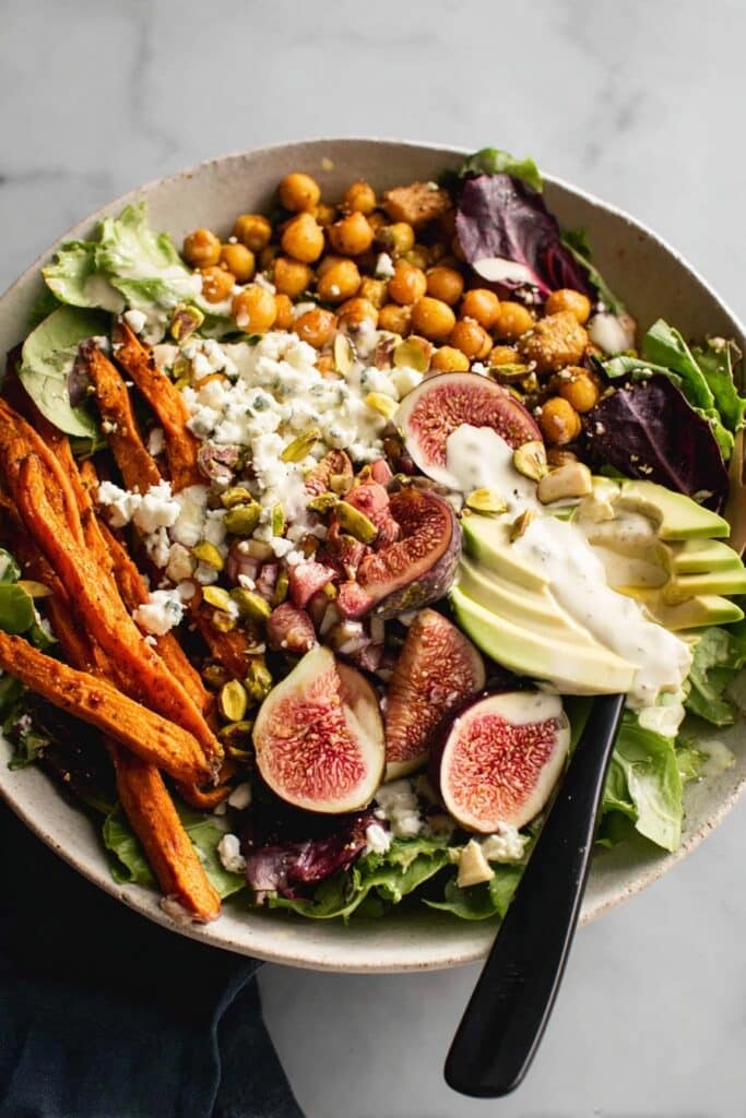 Fig Salad with Roasted Sweet Potatoes, Chickpeas, and Tahini Dressing Recipe