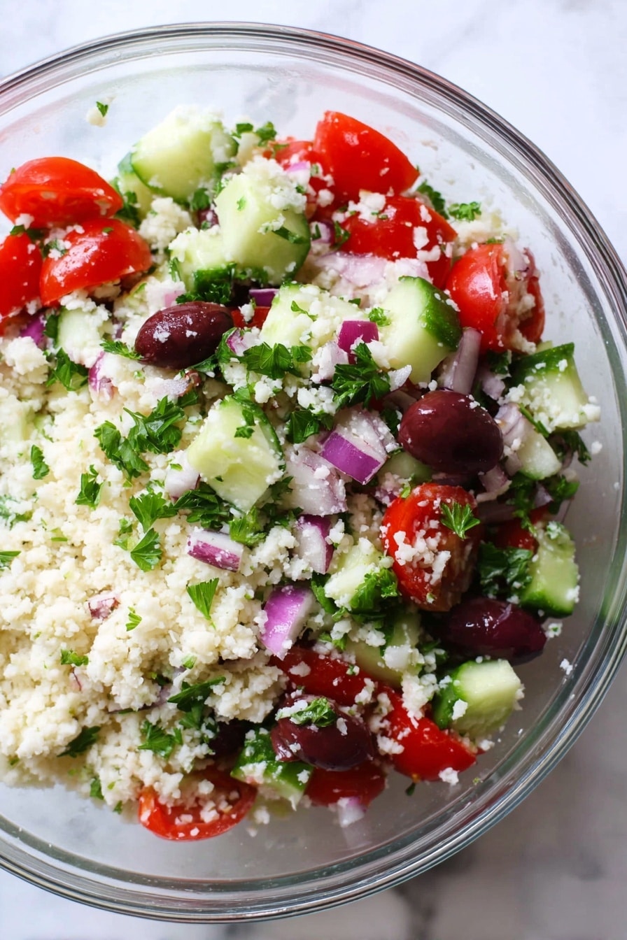A clear glass bowl filled with a colorful mix of salad ingredients. The base layer consists of small, white grains that look soft and fluffy, likely cauliflower rice. Mixed in are chunks of green cucumber with a slightly rough peel, small red cherry tomato halves showing their juicy insides, dark purple olives, and tiny pieces of chopped red onion adding a hint of purple. Scattered throughout are bright green parsley leaves adding freshness. The bowl sits on a white marbled surface. photo taken with an iphone --ar 2:3 --v 7 - Mediterranean Cauliflower Salad, healthy cauliflower salad, vegan cauliflower salad, quick veggie salad, low-carb cauliflower dish