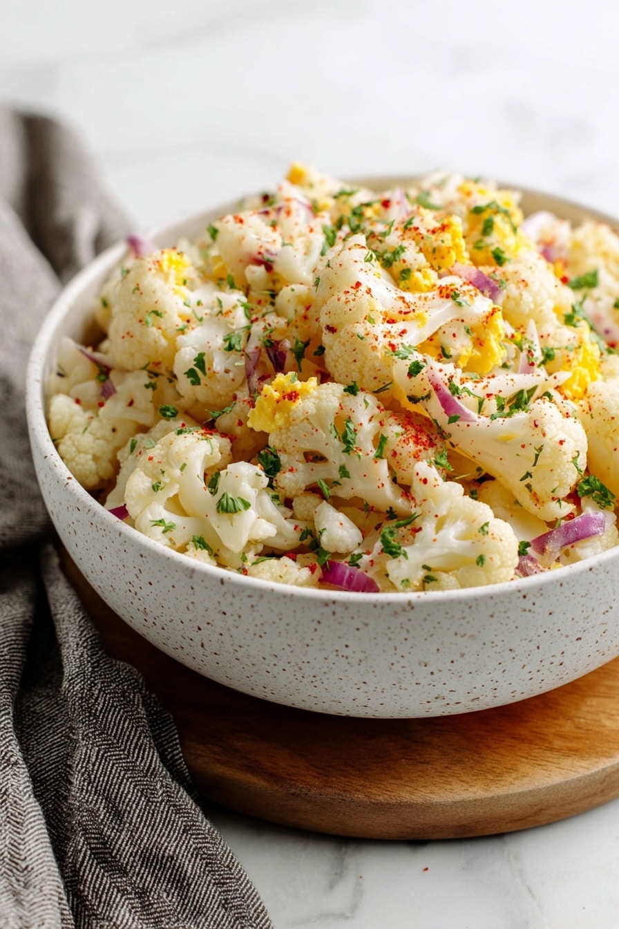 A close-up of a white speckled bowl filled with a cauliflower salad placed on a wooden board. The salad has pieces of white cauliflower mixed with small bits of yellow chopped boiled egg, small pieces of red onion, and finely chopped green herbs sprinkled all over. There is a light dusting of red seasoning on top, giving the salad a touch of color contrast. The bowl rests on a white marbled surface, with a grey cloth partially visible nearby. Photo taken with an iphone --ar 2:3 --v 7 - Cauliflower Potato Salad, healthy cauliflower salad, light potato salad, veggie side dish, easy cauliflower potato salad