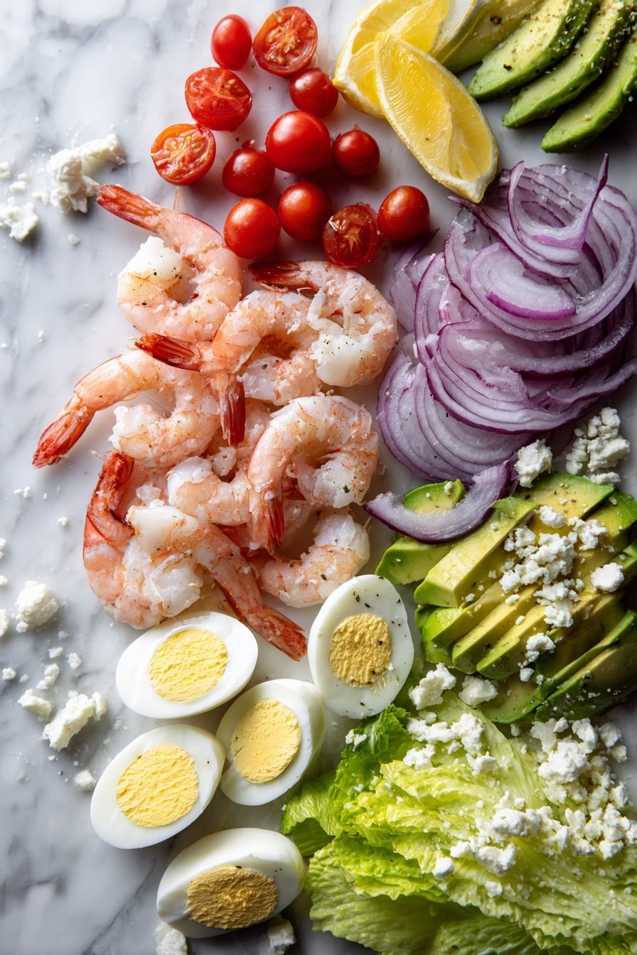 Flat lay of raw peeled shrimp with tails on, halved bright red cherry tomatoes, sliced purple-red onion rings, creamy green avocado halves, crisp chopped romaine lettuce leaves, neatly sliced boiled egg rounds, small crumbles of white feta cheese, and fresh lemon wedges, placed on a white marble surface, photo taken with an iphone --ar 2:3 --v 7 - Shrimp Avocado Tomato Salad, healthy seafood salad, quick shrimp salad, easy avocado salad, light summer salad