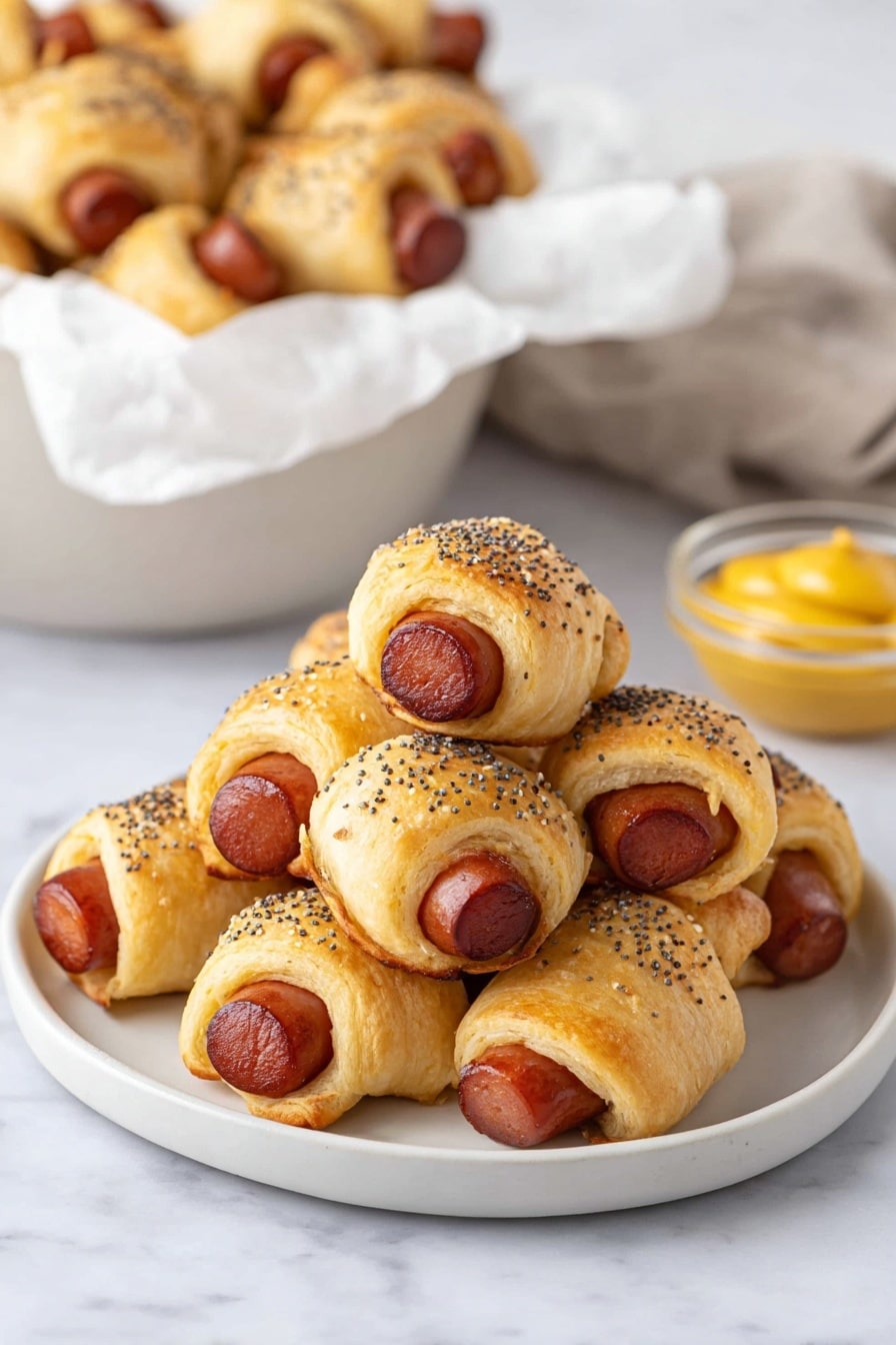 A white plate holds a small pile of golden-brown pigs in blankets, each made of a reddish-brown sausage wrapped in a soft, flaky pastry that is sprinkled with black and white seeds. The sausages peek out from the ends of the crescent-shaped pastry rolls, showing a shiny, cooked texture. In the background, a white bowl lined with white paper is filled with more of the same snacks, slightly blurred, sitting on a white marbled surface. To the right, there is a small clear bowl containing a yellow condiment, possibly mustard, adding a bright contrast to the warm colors of the food. photo taken with an iphone --ar 2:3 --v 7 - Pigs in a Blanket with Everything Bagel Seasoning, pig in a blanket, everything bagel seasoning snacks, easy party appetizers, savory finger foods