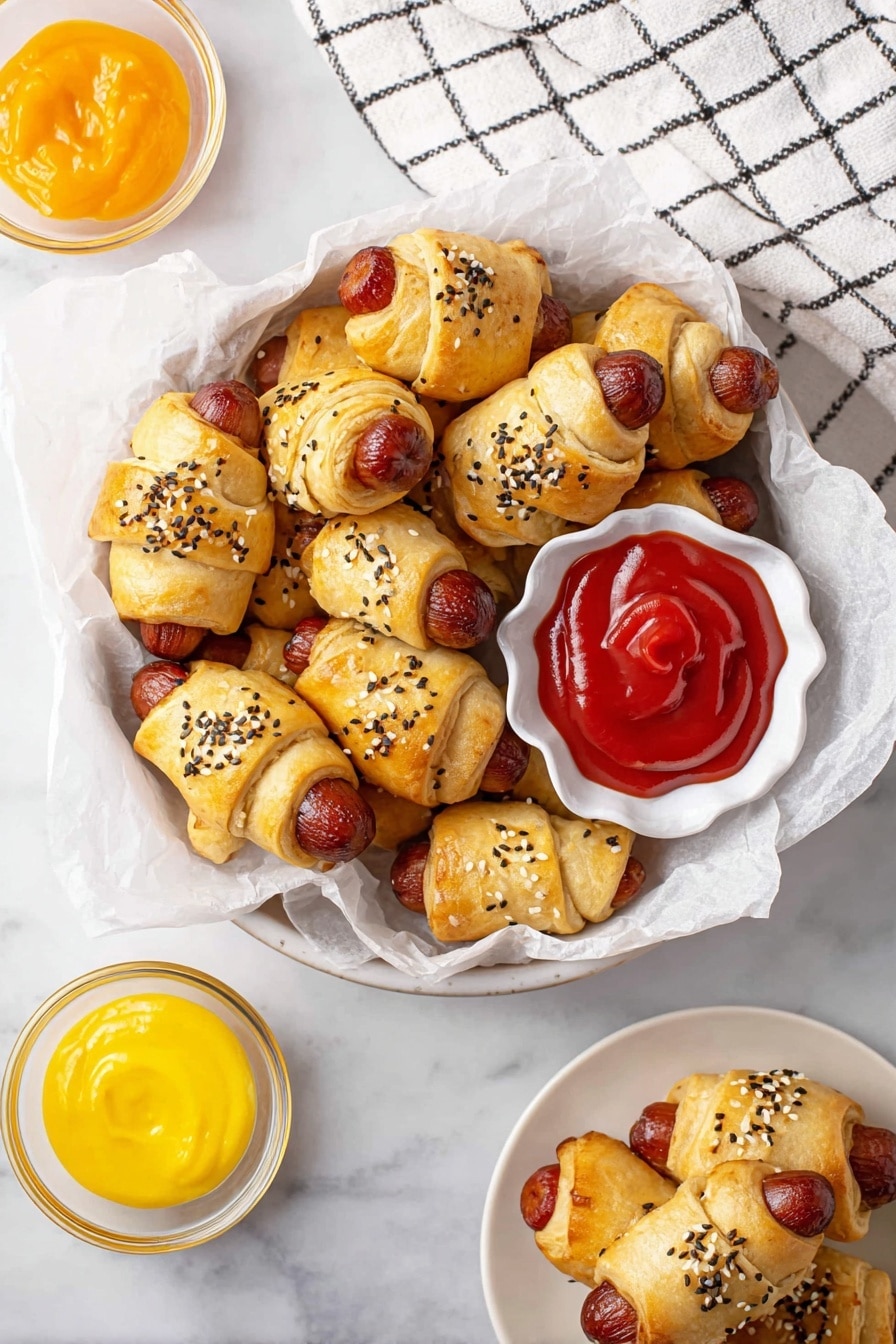 A white bowl lined with crinkled white parchment paper holds golden-brown mini crescent roll wrapped sausages, sprinkled with black and white sesame seeds. In the middle of the bowl, there is a small white scalloped bowl filled with glossy, bright red ketchup. Below and to the right, a small white plate is stacked with more mini crescent roll wrapped sausages, also sprinkled with black and white sesame seeds. To the bottom left and top right of the frame, two small clear glass bowls hold bright yellow and orange sauces. The whole scene is set on a white marbled surface with a folded white cloth with dark grid lines at the top. Photo taken with an iphone --ar 2:3 --v 7 - Pigs in a Blanket with Everything Bagel Seasoning, pig in a blanket, everything bagel seasoning snacks, easy party appetizers, savory finger foods