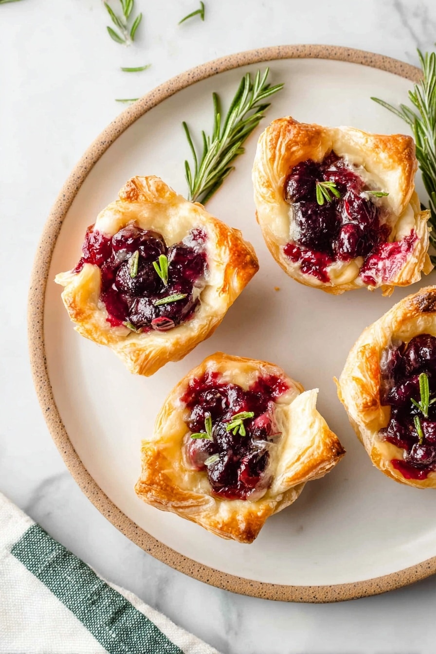 Four small pastries on a round white plate with green rosemary sprigs underneath and nearby. Each pastry has a golden-brown flaky crust with edges curled up, holding a filling of dark red and purple berries mixed with a creamy light base. Some pastries have small green rosemary pieces on top, adding contrast. The white marbled surface underneath the plate and a white towel with green stripes are visible at the corner. The photo taken with an iphone --ar 2:3 --v 7 - Cranberry Brie Bites, Brie appetizer with cranberry sauce, easy holiday appetizers, savory cranberry bites, party finger foods