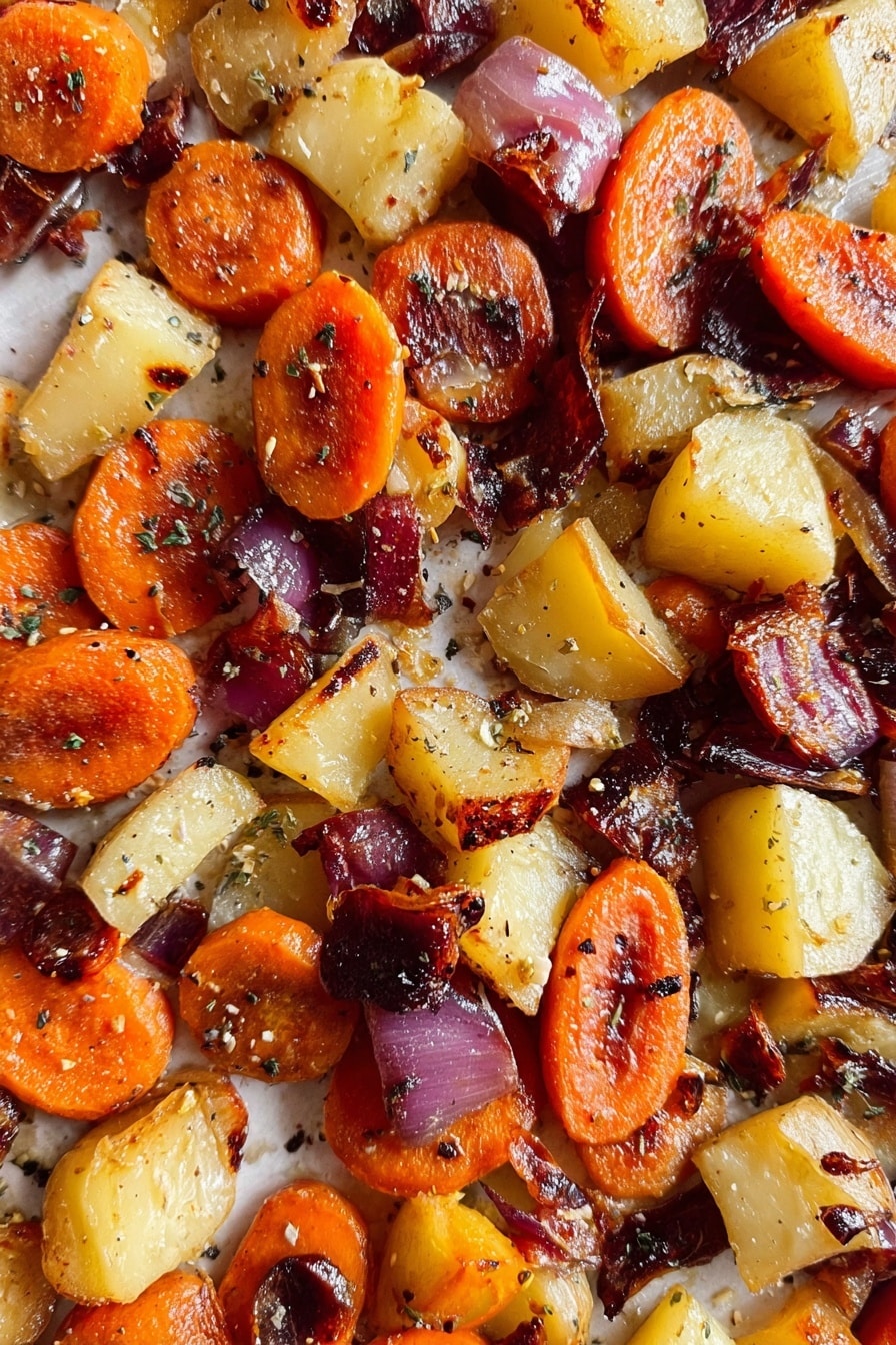 The image shows a close-up of a spoon holding a mix of roasted vegetables over a white marbled surface. The spoon contains three main layers: a round orange carrot slice on the top left with a slightly charred texture, a golden-yellow square chunk of roasted potato with a bit of speckled herbs on the front, and a darker brown piece of roasted onion with a glossy, soft texture behind the carrot and potato. The background is filled with more roasted carrot slices, potato chunks, and bits of onion, all having a golden to dark brown color and slightly crispy edges, showing a mix of roasted colors and textures. Photo taken with an iphone --ar 2:3 --v 7 - Maple Dijon Roasted Carrots and Apples, roasted carrots and apples with maple Dijon, sweet and tangy roasted vegetables, healthy roasted apple and carrot side, easy fall vegetable side dish