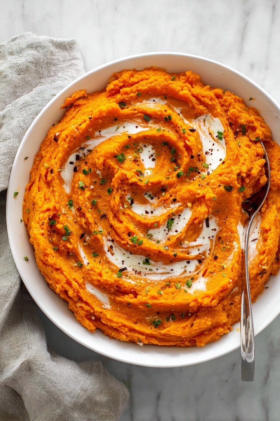 A white bowl full of smooth mashed sweet potatoes with an orange color and creamy texture is shown. The mash has a swirled pattern on top made with a spoon, creating soft peaks and valleys. There are small bits of green herbs sprinkled evenly over the surface and spots of black pepper for contrast. A few thin streaks of white cream are drizzled across the top, blending lightly into the mash. The bowl sits on a white marbled surface with a silver spoon resting inside the bowl near the edge. photo taken with an iphone --ar 2:3 --v 7 - Creamy Savory Mashed Sweet Potatoes, mashed sweet potato side dish, easy sweet potato recipes, savory sweet potato mash, quick holiday side dishes