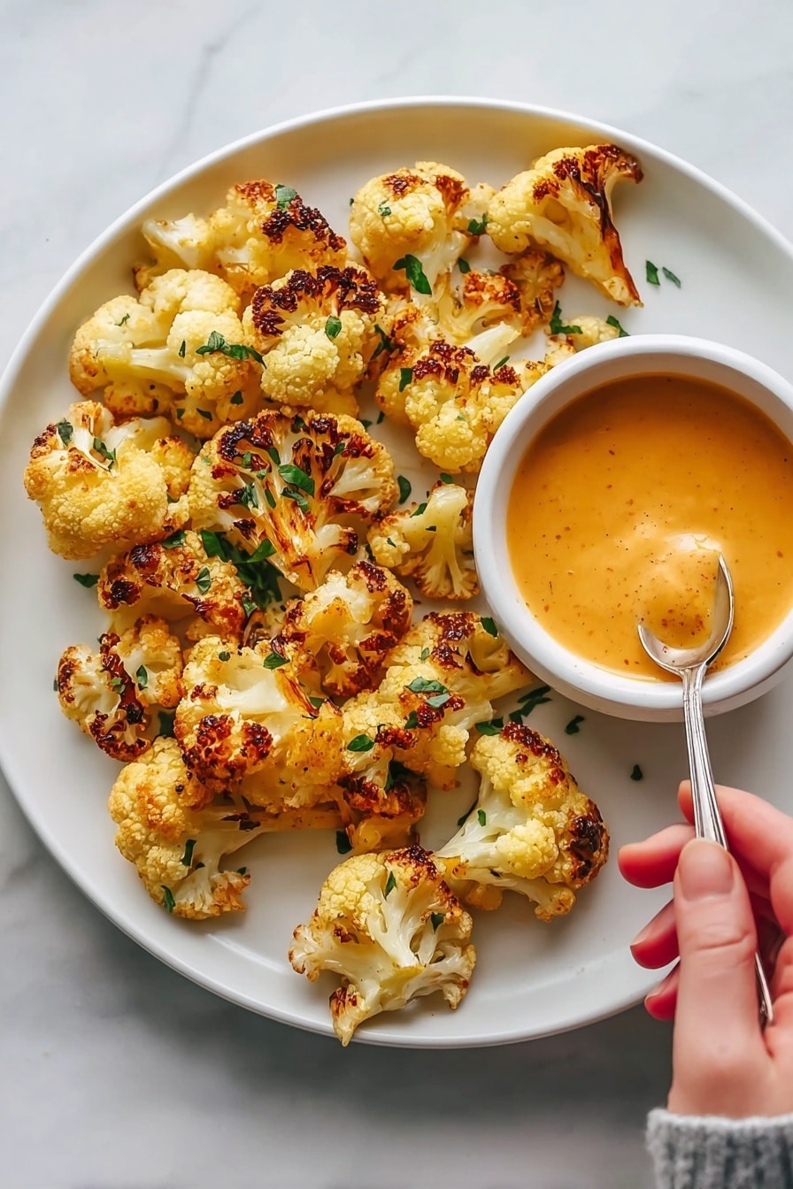 A white plate holds about twenty small roasted cauliflower pieces, showing a golden brown color with some darker crisp spots and sprinkled with green herbs. On the right side of the plate, there is a white bowl filled with a thick orange dipping sauce. A woman's hand is holding a spoon dipping into the sauce. The whole scene is set on a white marbled surface. Photo taken with an iphone --ar 2:3 --v 7 - Crispy Air Fryer Cauliflower Without Breading, healthy cauliflower snacks, air fryer cauliflower recipes, gluten-free cauliflower side dish, low-carb vegetable recipes