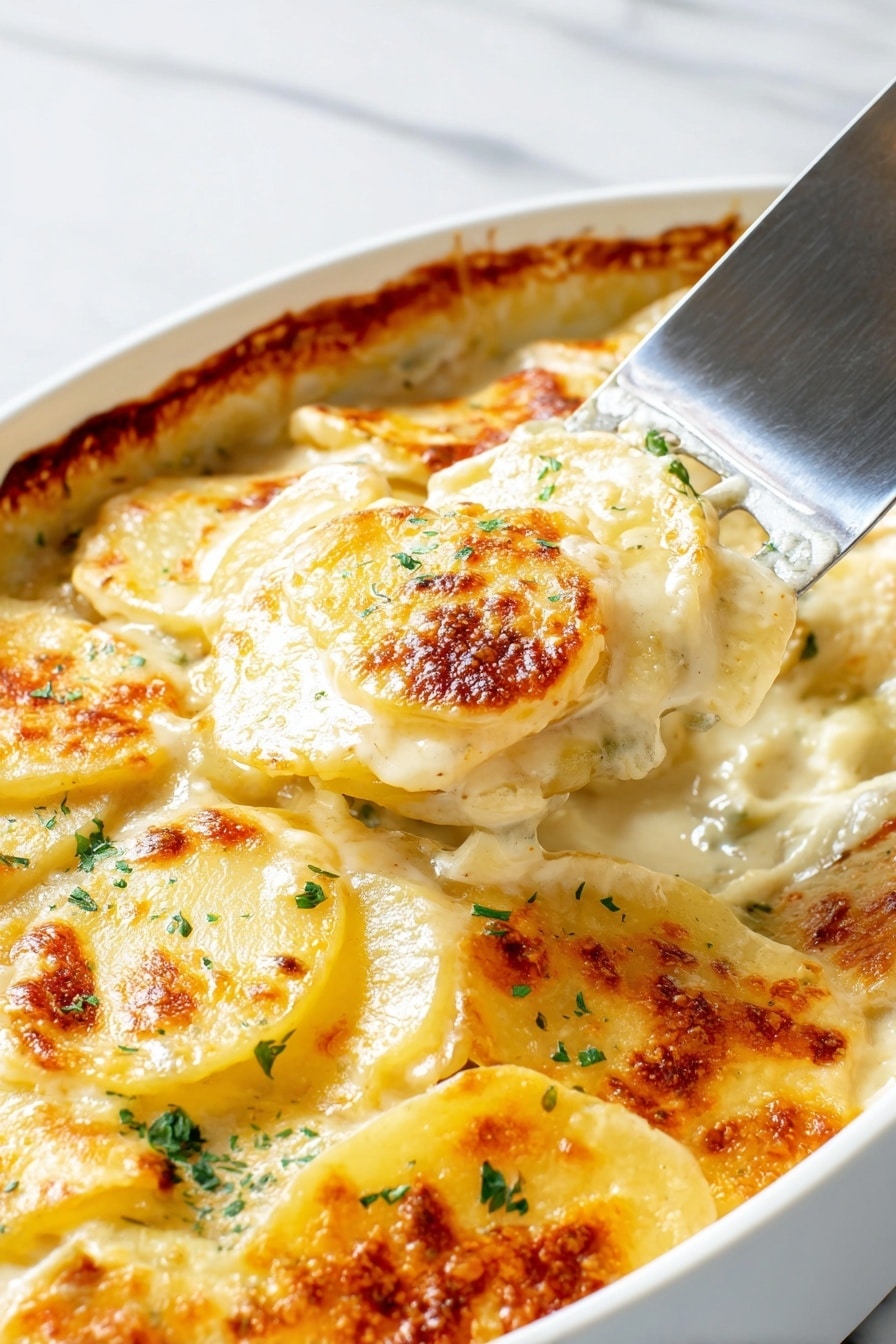 The dish is a creamy potato gratin served in a white rectangular baking dish. The gratin has several thin layers of sliced potatoes, each layer covered with a golden brown, slightly crispy top where the cheese has browned. The smooth, creamy sauce is visible between the potato slices, which have a pale yellow color with some browned spots. Green parsley bits are sprinkled over the top, adding a touch of color. A silver serving spoon with a reflective surface is lifting a slice from the dish, showing the soft, creamy texture inside. The background has a white marbled texture. Photo taken with an iphone --ar 2:3 --v 7 - Easy Cheesy Scalloped Potatoes, cheesy scalloped potatoes, creamy potato side dish, garlic scalloped potatoes, comfort food side recipes