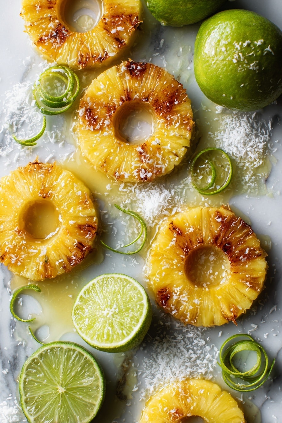 Flat lay of bright yellow pineapple rings with caramelized grill marks, glistening pools of golden melted butter mixed with rich brown sugar crystals, fresh whole limes cut in halves and quarters showing vibrant green flesh, a small heap of flaky sea salt shimmering softly, a few sprigs of lime zest curls adding a pop of color, and a light sprinkle of coconut flakes scattered gently around, all placed on a white marble surface, photo taken with an iphone --ar 2:3 --v 7 - Grilled Pineapple with Lime and Coconut, tropical grilled pineapple, pineapple dessert ideas, summer fruit recipes, easy grilled pineapple