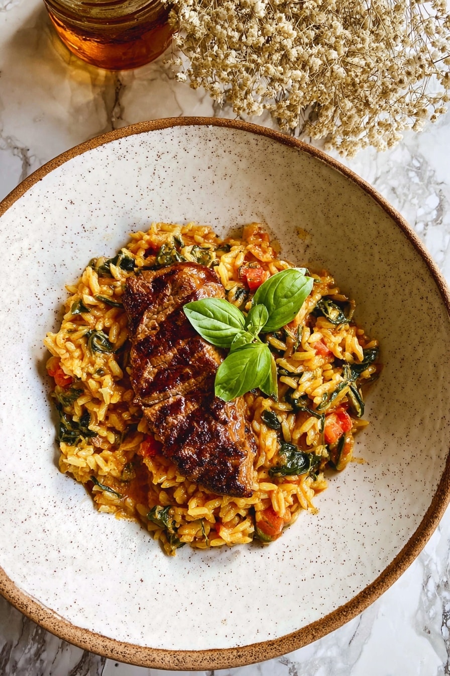 A white speckled bowl holds a serving of creamy, golden-brown orzo pasta mixed with spinach and sun-dried tomatoes, giving the dish a textured look with bits of green and dark red scattered throughout. On top, there is one piece of well-seasoned, browned chicken with a crispy, slightly charred surface showing deep reddish-brown spices. A small bunch of fresh green basil leaves is placed on the chicken near the center. A silver spoon with a black handle rests on the right side of the bowl, and the bowl sits on a white marbled surface. photo taken with an iphone --ar 2:3 --v 7 - One Pot Chicken and Orzo, one pot chicken and orzo, easy chicken and orzo dinner, creamy chicken and orzo, quick weeknight chicken dinner