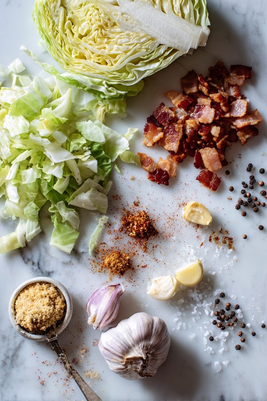 Flat lay of crispy bacon pieces, a small diced onion, three peeled garlic cloves, a spoonful of stone ground mustard, a sprinkle of smoked paprika, fresh green cabbage leaves sliced and chopped, all beautifully arranged with a touch of kosher salt crystals and black peppercorns scattered around, placed on a white marble surface, photo taken with an iphone --ar 2:3 --v 7 - Easy Fried Cabbage, fried cabbage side dish, crispy bacon cabbage, quick cabbage recipes, comforting vegetable side